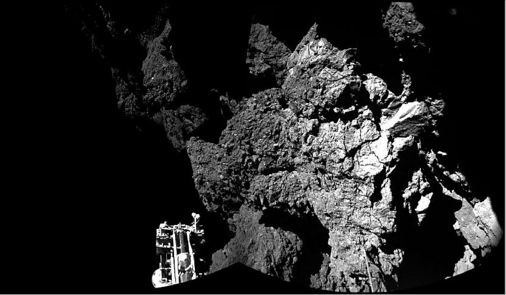 Figure 156: First CIVA camera image of the Philae lander on the surface of Comet 67P/Churyumov-Gerasimenko (image credit: ESA, Rosetta, Philae, CIVA)