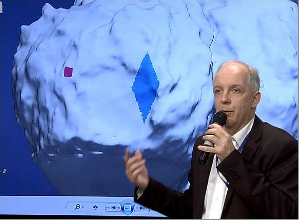 Figure 155: Stephan Ulamec, Philae Lander manager, describes how Philae first landed less than 100 m from the planned Agilkia site (red square). Without functioning harpoons and thrusters to fix it to the ground there, it rebounded and shot a kilometer above the comet. Right now, it’s somewhere in the blue diamond (image credit: ESA)