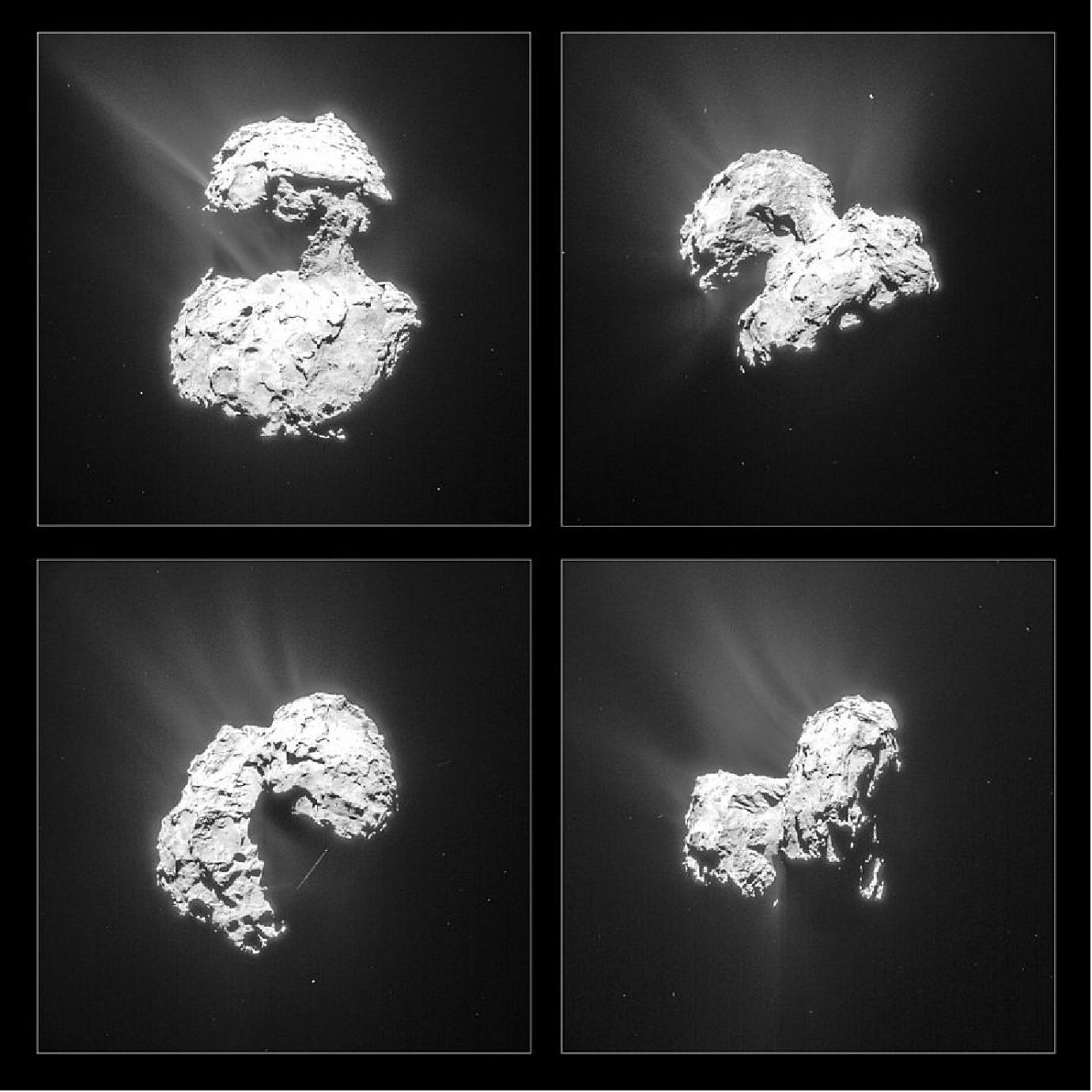 Figure 144: Montage of four single-frame images of Comet 67P/C-G taken by Rosetta’s Navigation Camera (NAVCAM) on Feb.25 (top left), Feb. 26, (top right) and the two bottom pictures on Feb. 27, 2015. The images have been processed to bring out the details of the comet’s activity. The exposure time for each image is 2 s (image credit: ESA/Rosetta/NAVCAM – CC BY-SA IGO 3.0)