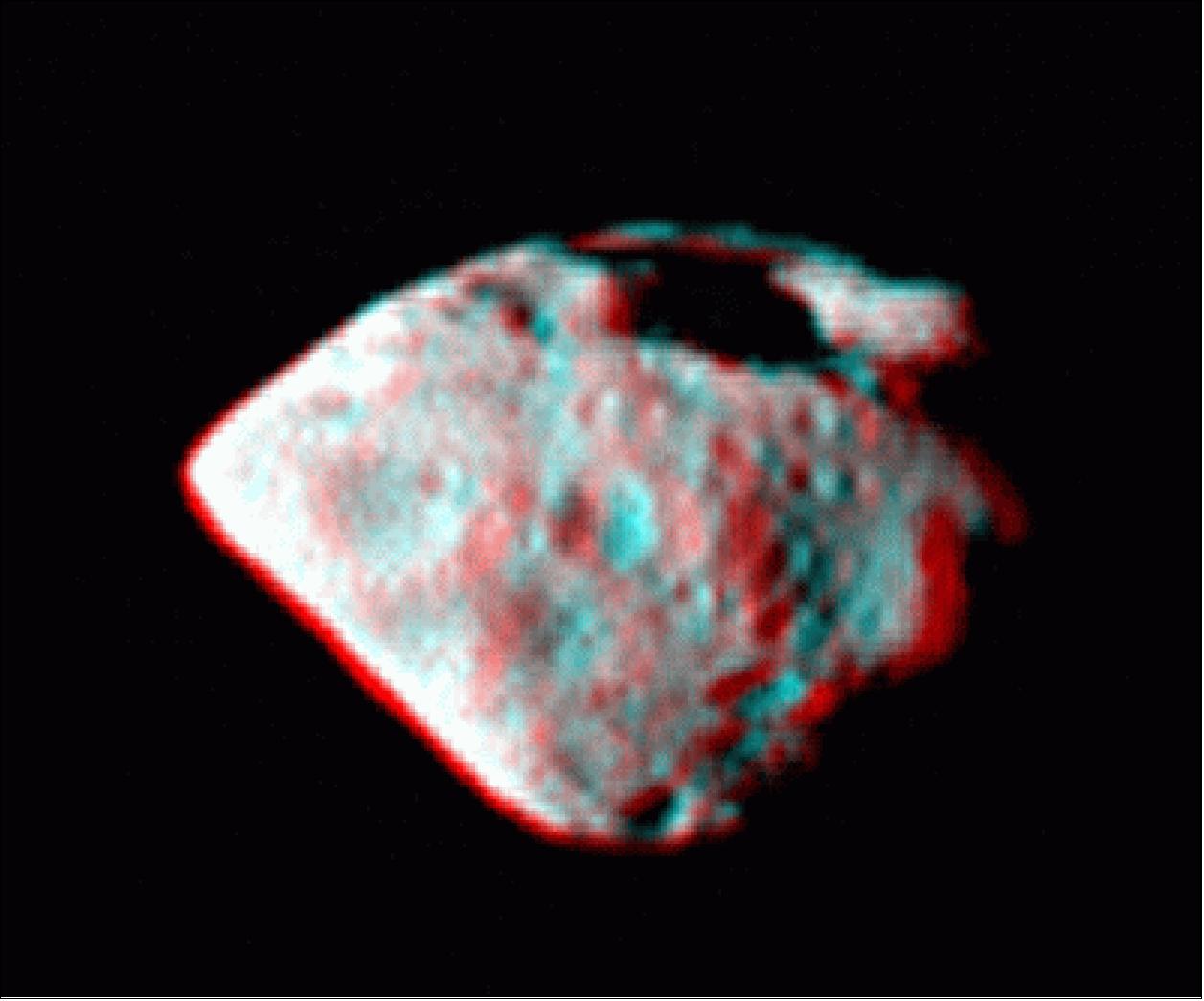 Figure 182: Anaglyph image of Steins in 3D acquired at about the closest approach (image credit: ESA, MPS for OSIRIS Team MPS,UPD, LAM, IAA, RSSD,INTA,UPM, DASP, IDA)