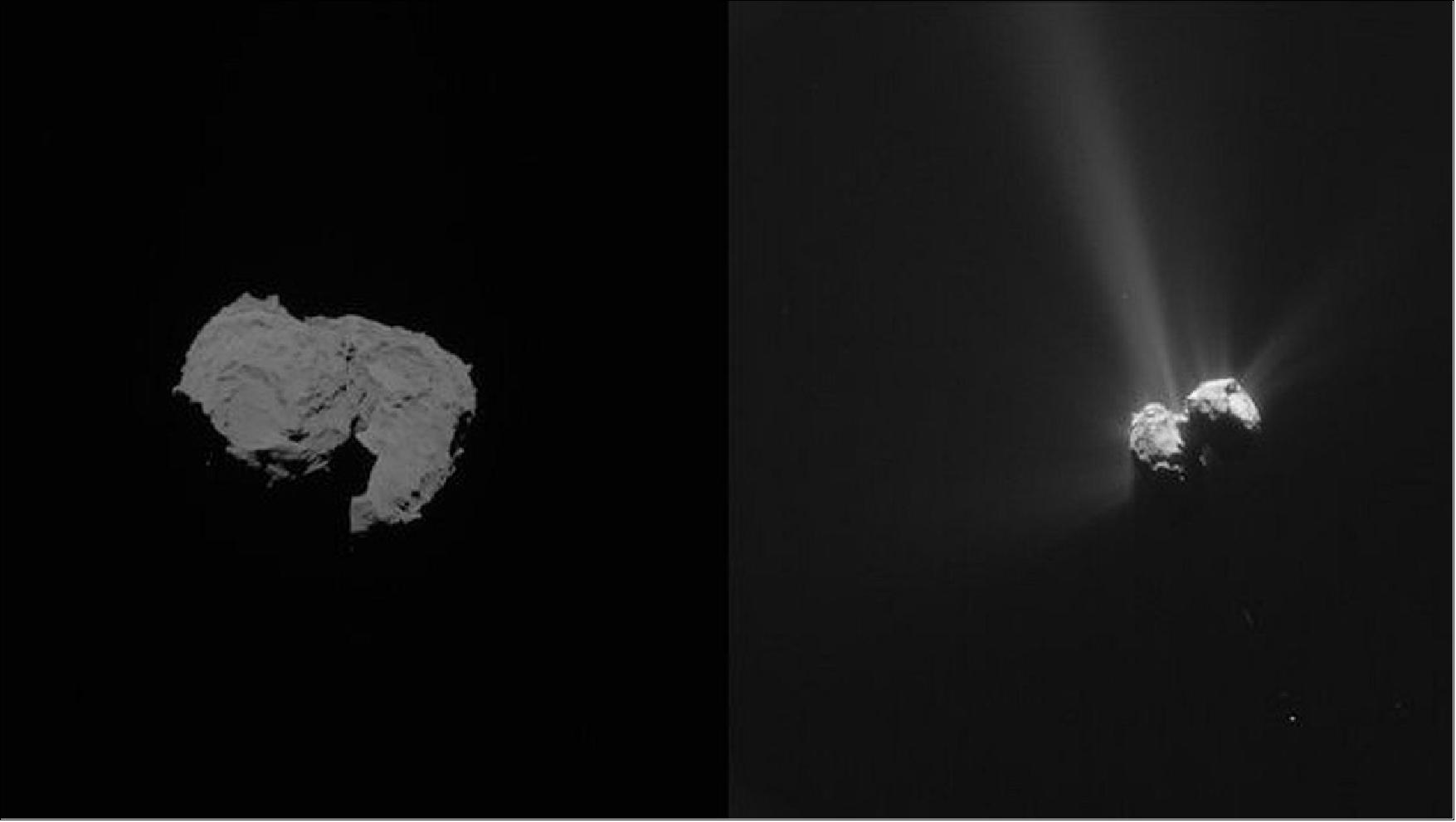 Figure 131: Images of Comet 67P/Churyumov–Gerasimenko on 6 August 2014 (left) and on 6 August 2015 (right) with increased exposure to the Sun’s energy and its resulting activity (image credit: ESA/Rosetta/NAVCAM – CC BY-SA IGO 3.0)