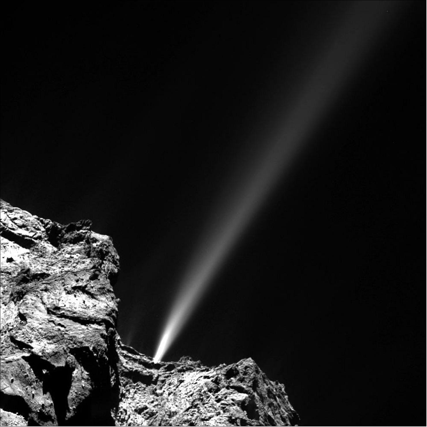 Figure 129: Rosetta’s scientific camera OSIRIS shows the sudden onset of a well-defined jet-like feature emerging from the side of the comet’s neck, in the Anuket region on July 29, 2015 (image credit: ESA/Rosetta/MPS for OSIRIS Team MPS/UPD/LAM/IAA/SSO/INTA/UPM/DASP/IDA)