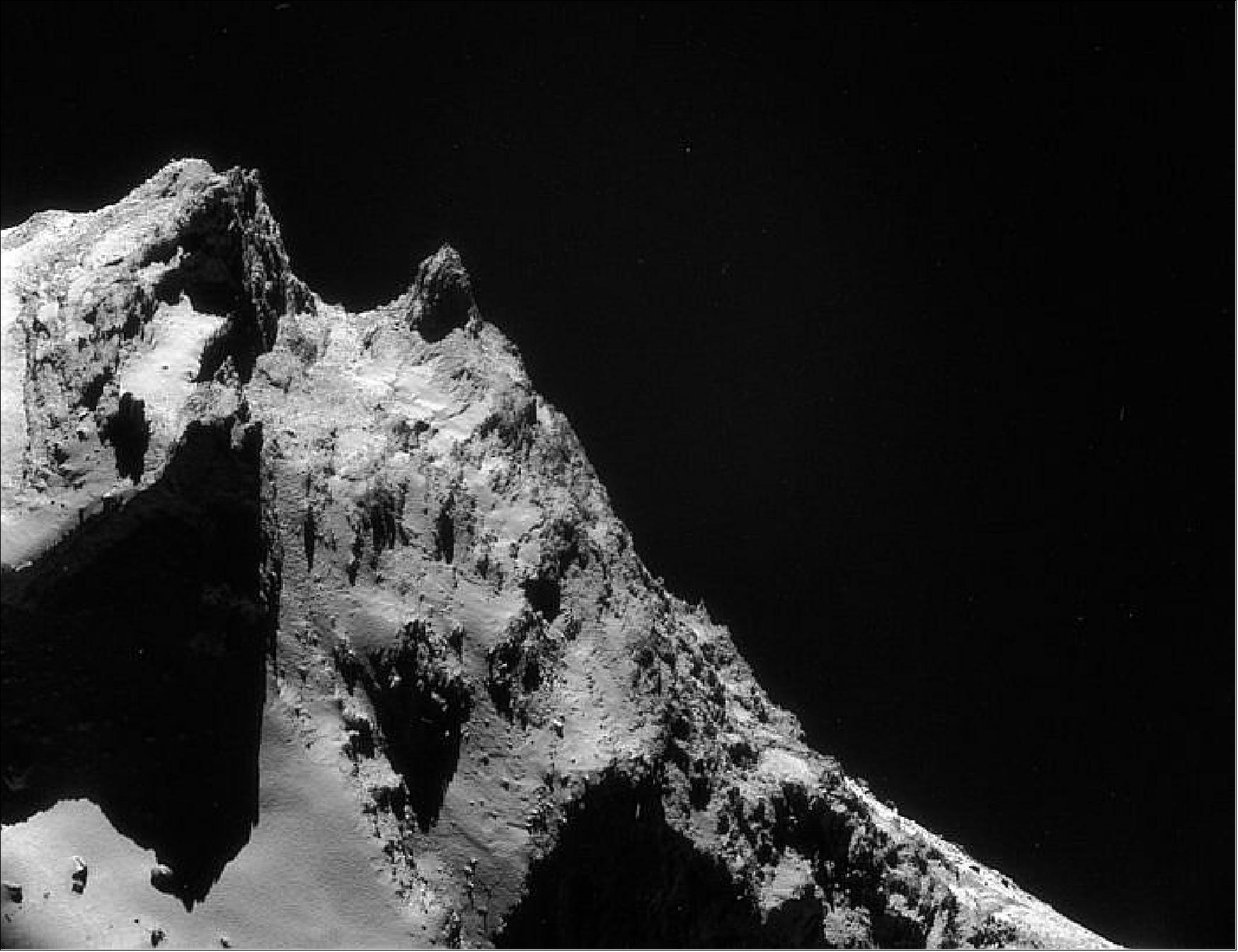 Figure 112: Image of the Anuket region and its surroundings on Comet 67P/Churyumov–Gerasimenko, acquired on March 13, 2016 with the NAVCAM from a distance of 17 km (image credit: ESA/Rosetta/NAVCAM – CC BY-SA IGO 3.0)