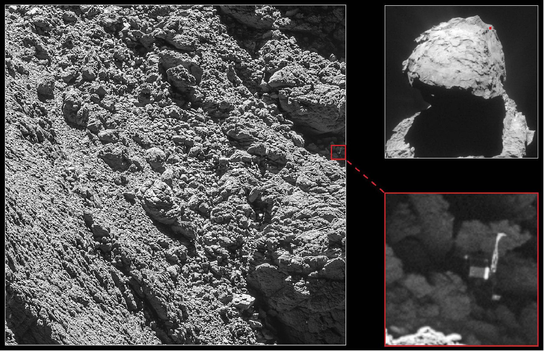 Figure 105: The images were taken on 2 September by the OSIRIS narrow-angle camera as the orbiter came within 2.7 km of the surface and clearly show the main body of the lander, along with two of its three legs .The images also provide proof of Philae's orientation, making it clear why establishing communications was so difficult following its landing on 12 November 2014. (image credit: Main image and lander inset: ESA/Rosetta/MPS for OSIRIS Team MPS/UPD/LAM/IAA/SSO/INTA/UPM/DASP/IDA; context: ESA/Rosetta/ NavCam – CC BY-SA IGO 3.0)