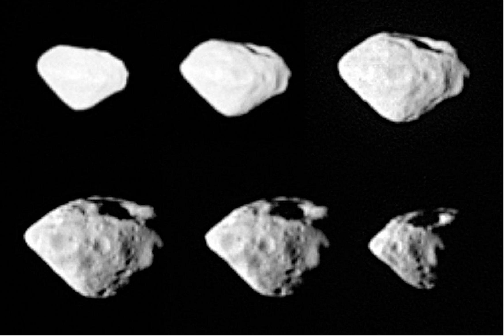 Figure 74: Asteroid Steins seen from a distance of 800 km, taken by the OSIRIS imaging system from two different perspectives. The effective diameter of the asteroid is 5 km, approximately as predicted. At the top of the asteroid (as shown in this image), a large crater, approximately 1.5-km in size, can be seen. Scientists were amazed that the asteroid survived the impact that was responsible for the crater (image credit: ESA ©2008 MPS for OSIRIS Team MPS/UPD/LAM/IAA/RSSD/INTA/UPM/DASP/IDA) 105)