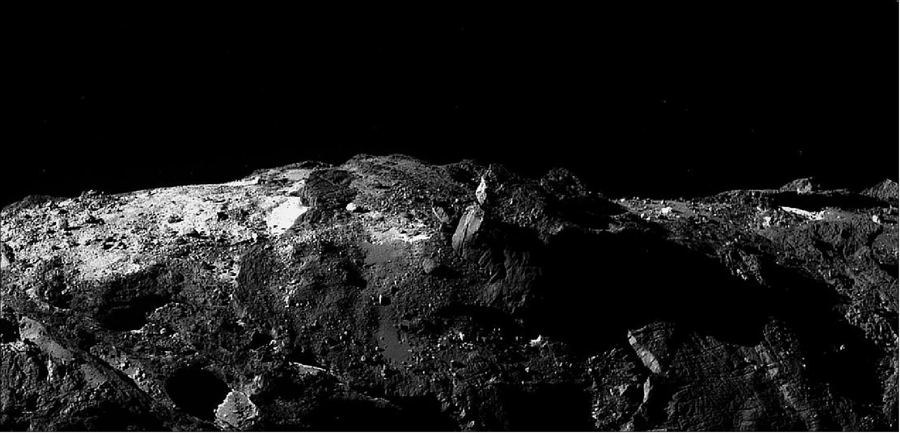 Figure 72: This image shows a section of 67P/C-G as viewed by Rosetta's high-resolution camera OSIRIS on 10 February 2016. Amateur astronomer Stuart Atkinson, from the UK, selected and processed this view from the OSIRIS image archive. It is a crop of a larger image that shows a slightly wider view of the comet's ‘Bes' region on body of the comet, which takes its name from the protective deity of households, children and mothers (image credit: ESA/Rosetta/MPS for OSIRIS Team MPS/UPD/LAM/IAA/SSO/INTA/UPM/DASP/IDA – CC BY SA 4.0; Acknowledgement: S Atkinson)