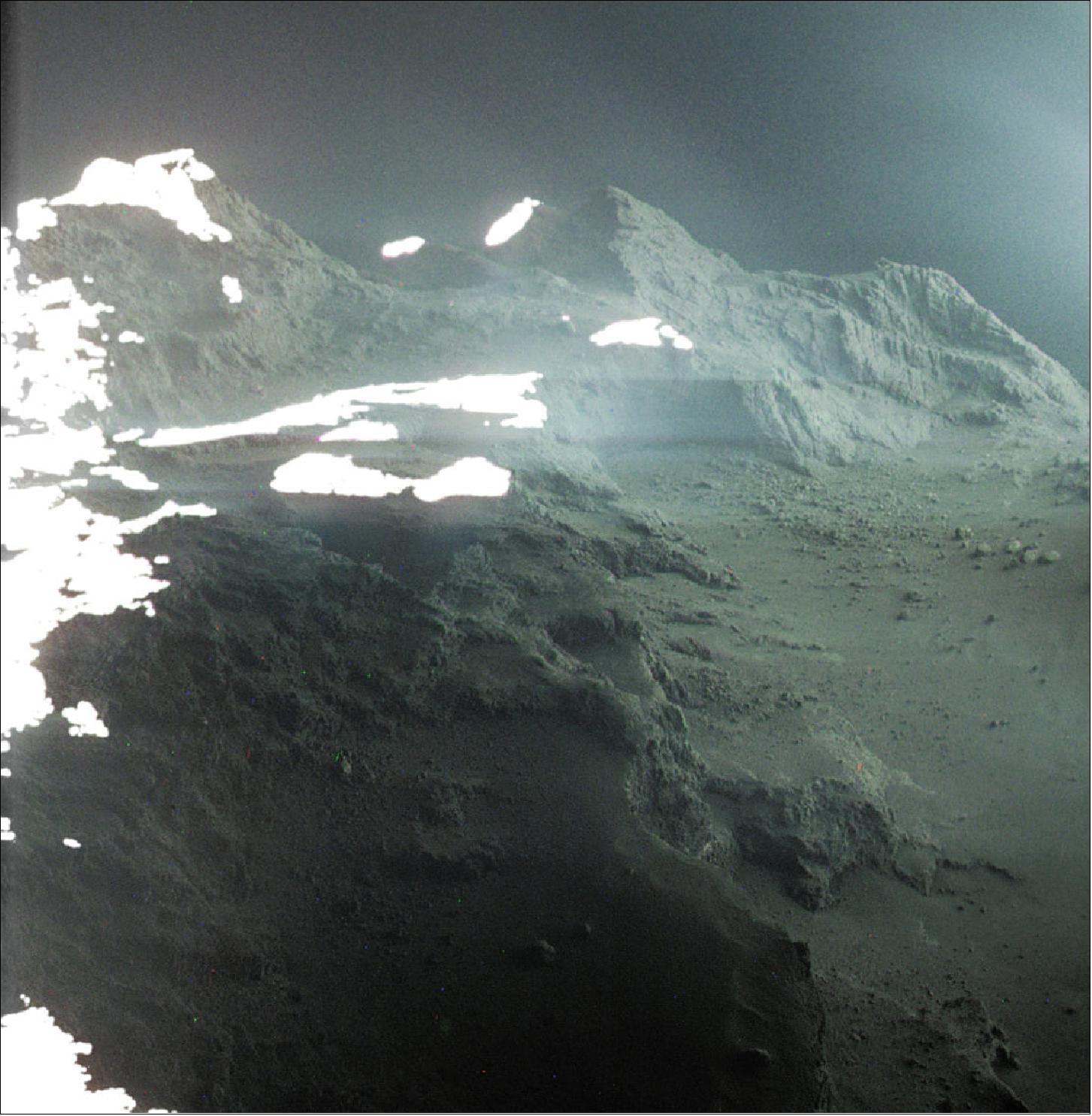 Figure 71: An evocative image of Rosetta's comet to recall the end of its trailblazing mission two years ago (image credit: ESA/Rosetta/MPS for OSIRIS Team MPS/UPD/LAM/IAA/SSO/INTA/UPM/DASP/IDA; J. Roger – CC BY SA 4.0)