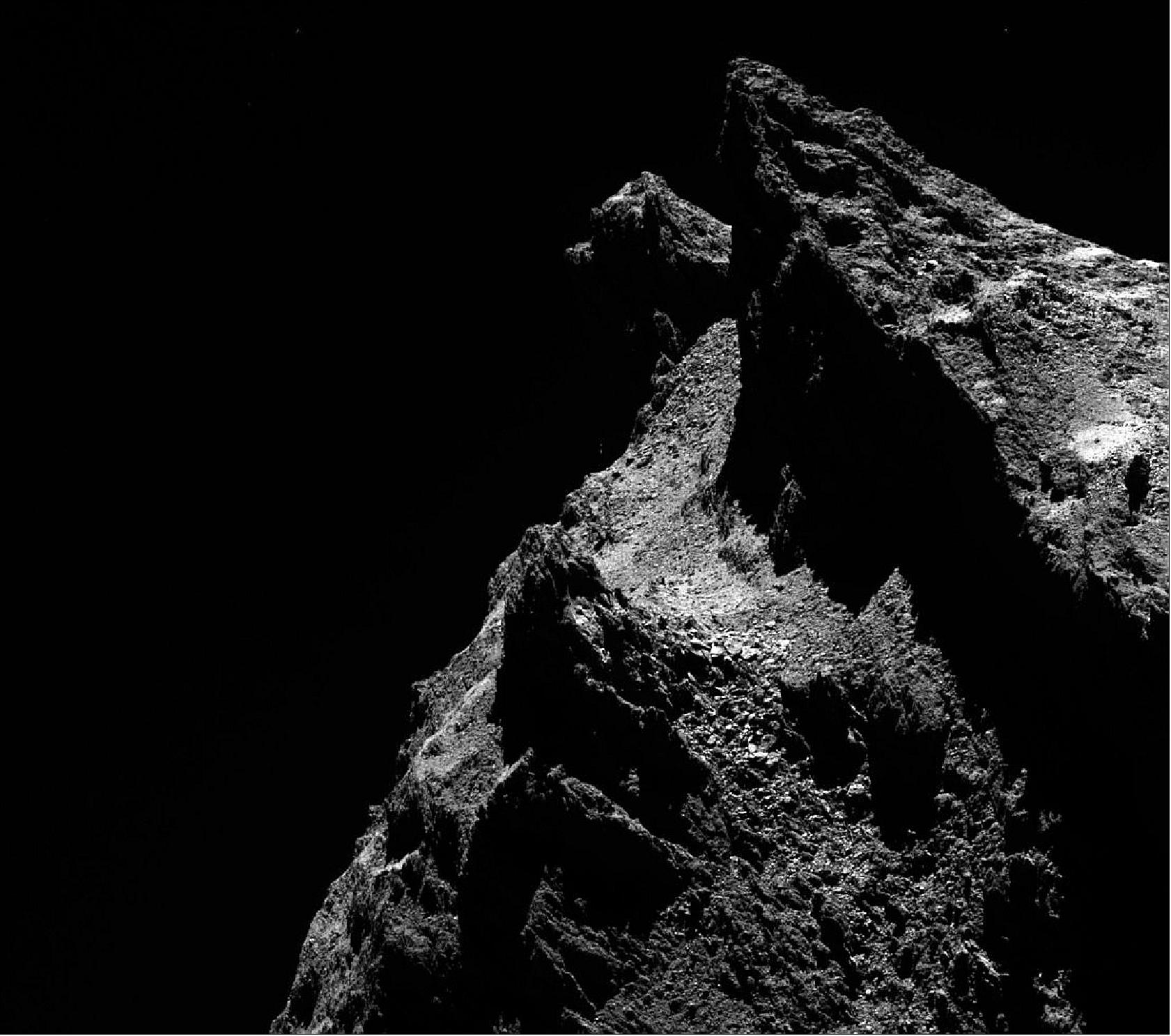 Figure 58: Seen from afar, the comet is usually likened to a duck in shape, but in this enchanting close-up view its profile resembles that of a cat's face seen side-on. The two ‘ears' of the cat make up the twin peaks either side of the ‘C. Alexander Gate' – named for US Rosetta Project Scientist Claudia Alexander who passed away in July 2015. These impressive cliffs lie at the border between the Serqet and Anuket regions on the comet's head. The image was taken on 6 October 2014 from a distance of 18.6 km to the comet [image credit: ESA/Rosetta/MPS for OSIRIS Team MPS/UPD/LAM/IAA/SSO/INTA/UPM/DASP/IDA (CC BY-SA 4.0)]
