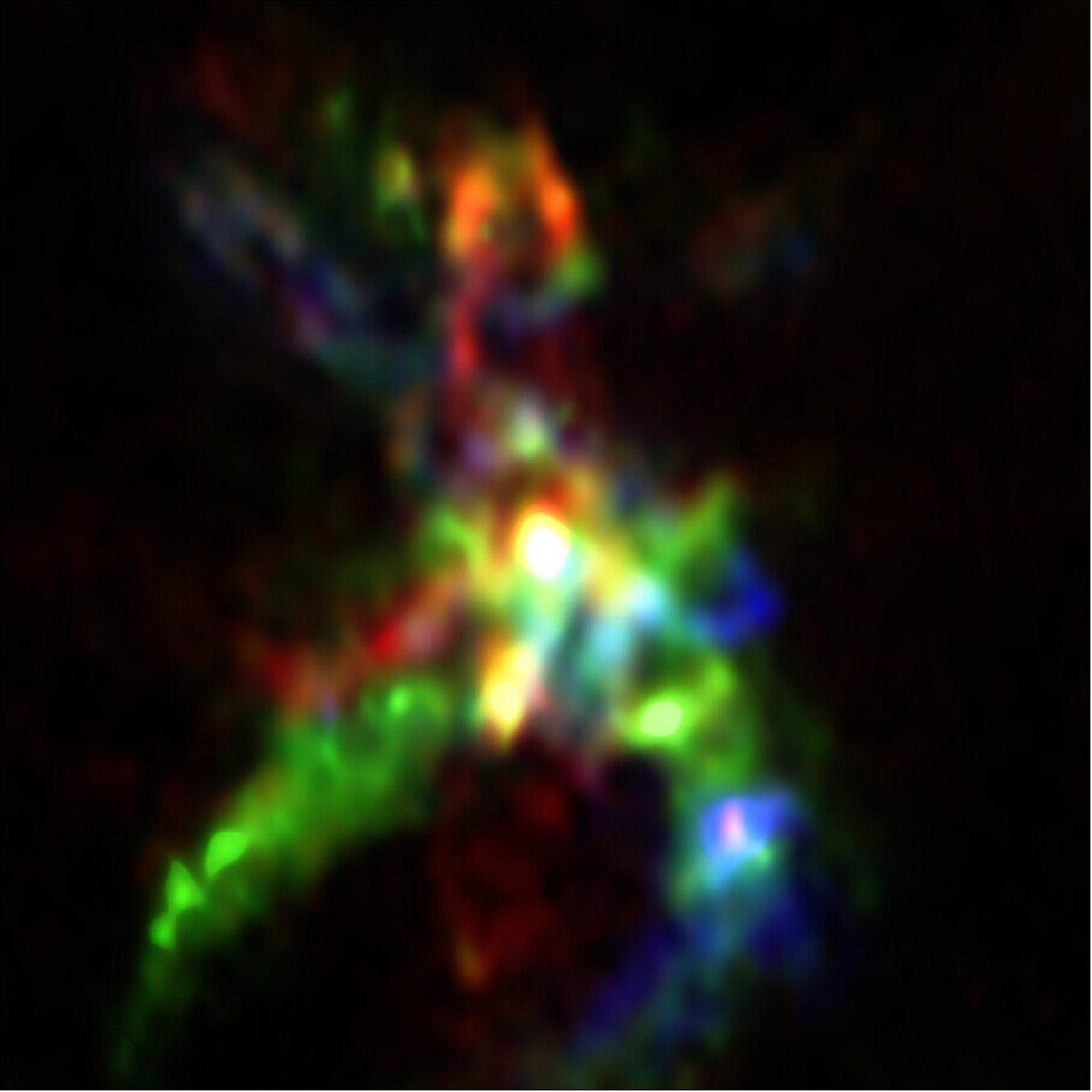 Figure 47: This ALMA image shows a detailed view of the star-forming region AFGL 5142. A bright, massive star in its infancy is visible at the center of the image. The flows of gas from this star have opened up a cavity in the region, and it is in the walls of this cavity (shown in color), that phosphorus-bearing molecules like phosphorus monoxide are formed. The different colors represent material moving at different speeds. A joint study linking the presence of phosphorus monoxide in this star-forming region with analogous observations performed by the Rosetta mission at Comet 67P/Churyumov–Gerasimenko showed how this compound may have played a crucial role in starting life on our planet (image credit: ALMA (ESO/NAOJ/NRAO), Rivilla et al.)