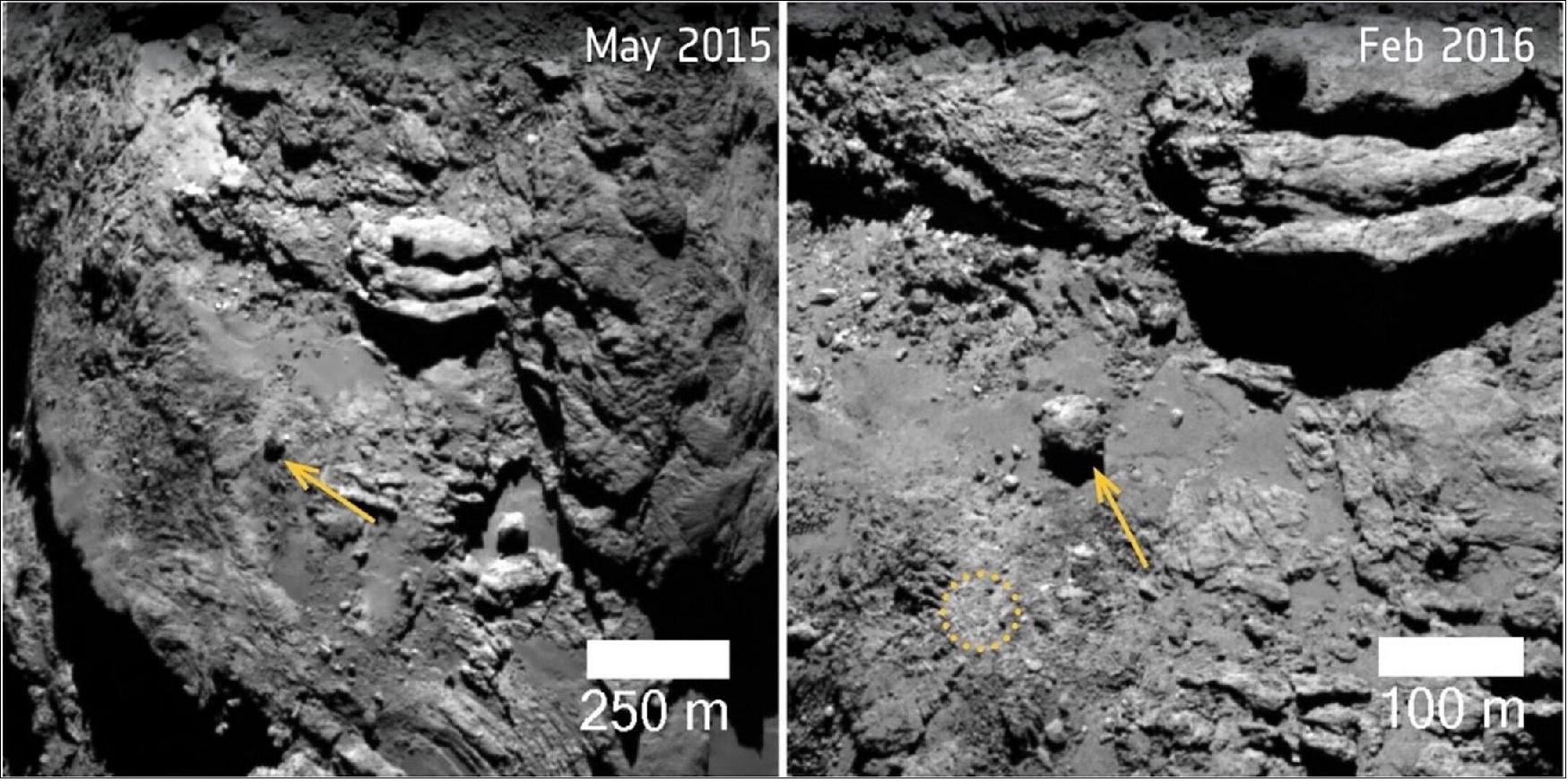 Figure 33: Rosetta Zoo comparison image. Thanks to the visual inspection of many volunteers, the project will produce maps of changes and active areas on the comet's surface, with labels for each type of change. Scientists will then be able to associate the activity of the comet with modifications on its surface, developing new models to link the physics of comet activity to observed changes such as lifted boulders or collapsed cliffs (image credit: ESA/Zooniverse)
