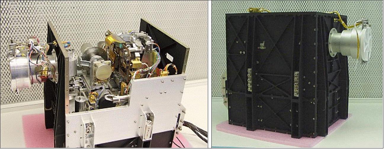 Figure 22: Photo of the MIDAS instrument, inside view (left) and flight model (right), image credit: IWF