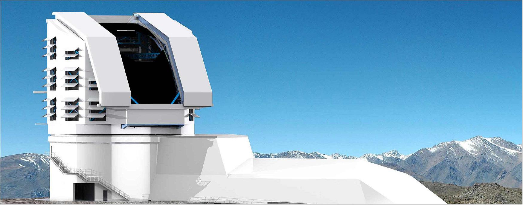 Figure 6: A photograph and rendering mix of the exterior of the Vera C. Rubin Observatory building on Cerro Pachón in Chile (image credit: LSST/NSF/AURA)