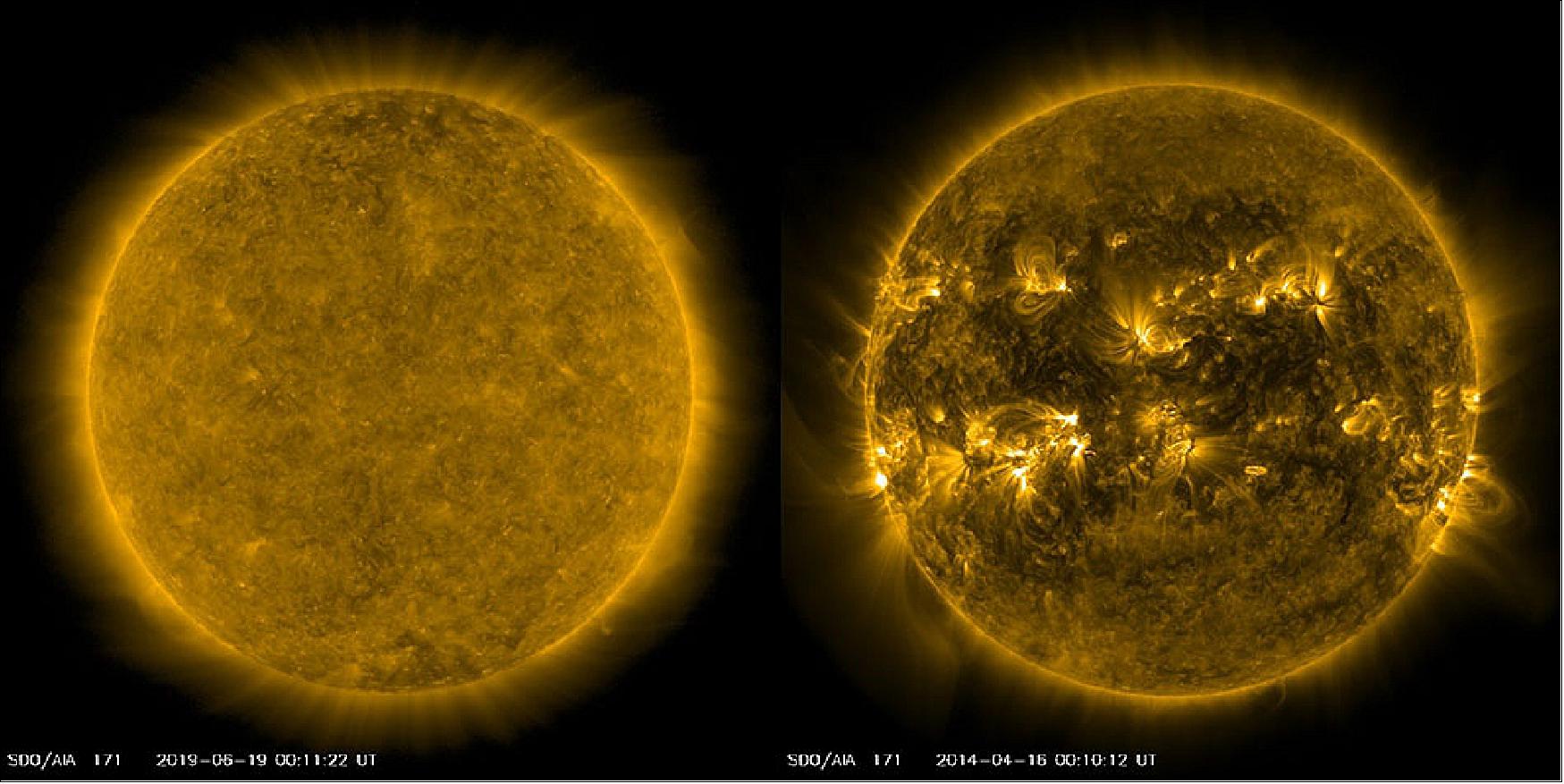 Figure 5: Images of the Sun from NASA's Solar Dynamics Observatory. The left image was taken last month during the current solar minimum. The image on the right was taken in April 2014 during the last solar maximum (image credit: NASA)