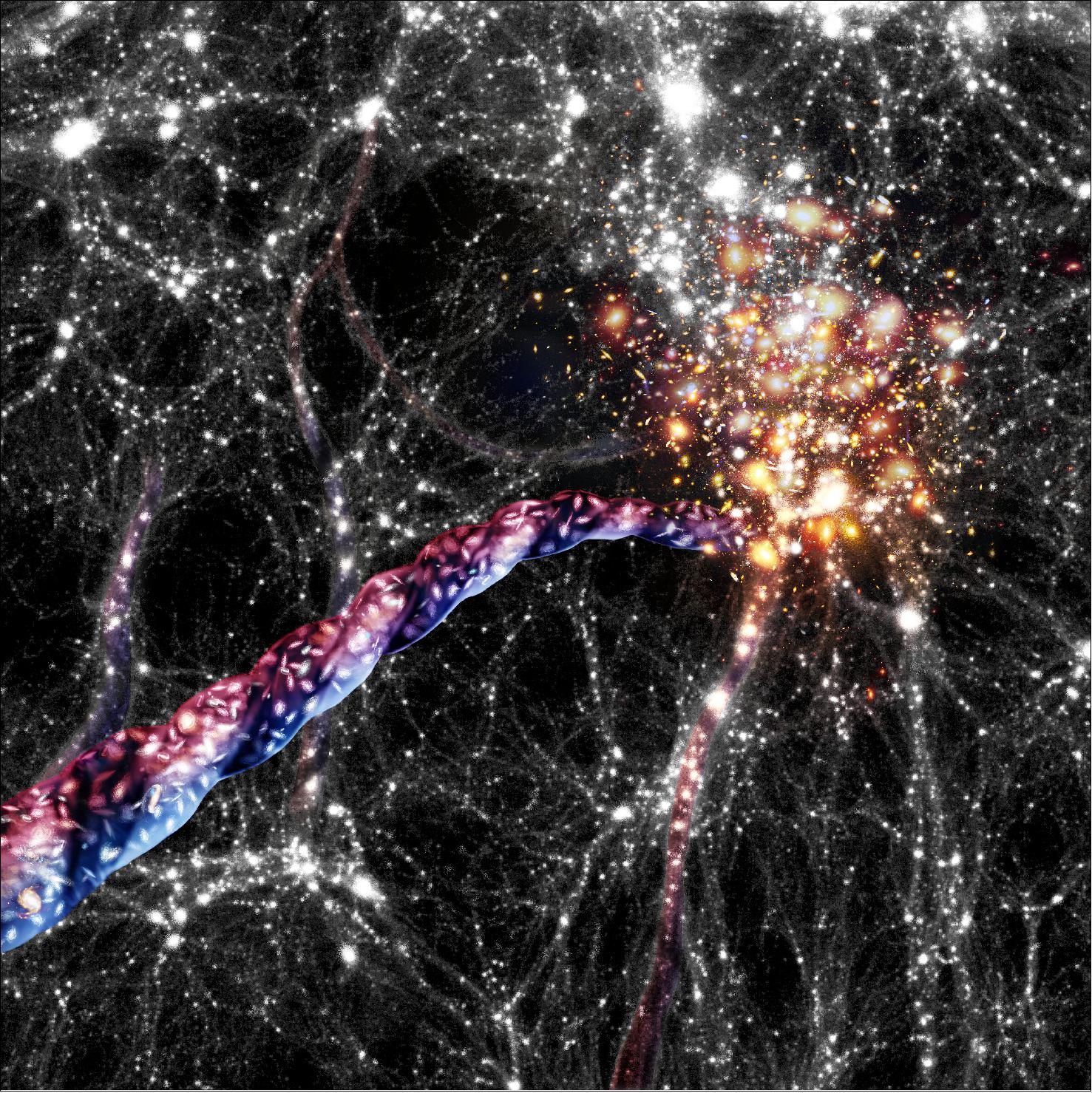 Figure 7: Artist’s impression of cosmic filaments: huge bridges of galaxies and dark matter connect clusters of galaxies to each other. Galaxies are funnelled on corkscrew like orbits towards and into large clusters that sit at their ends. Their light appears blue-shifted when they move towards us, and red-shifted when they move away (image credit: AIP/ A. Khalatyan/ J. Fohlmeister)