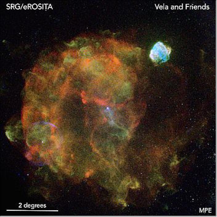 Figure 17: The Vela Supernova Remnant, about 800 light-years from Earth, as seen by eROSITA [image credit: Jeremy Sanders, Hermann Brunner and the eSASS team (MPE); Eugene Churazov, Marat Gilfanov (on behalf of IKI)]