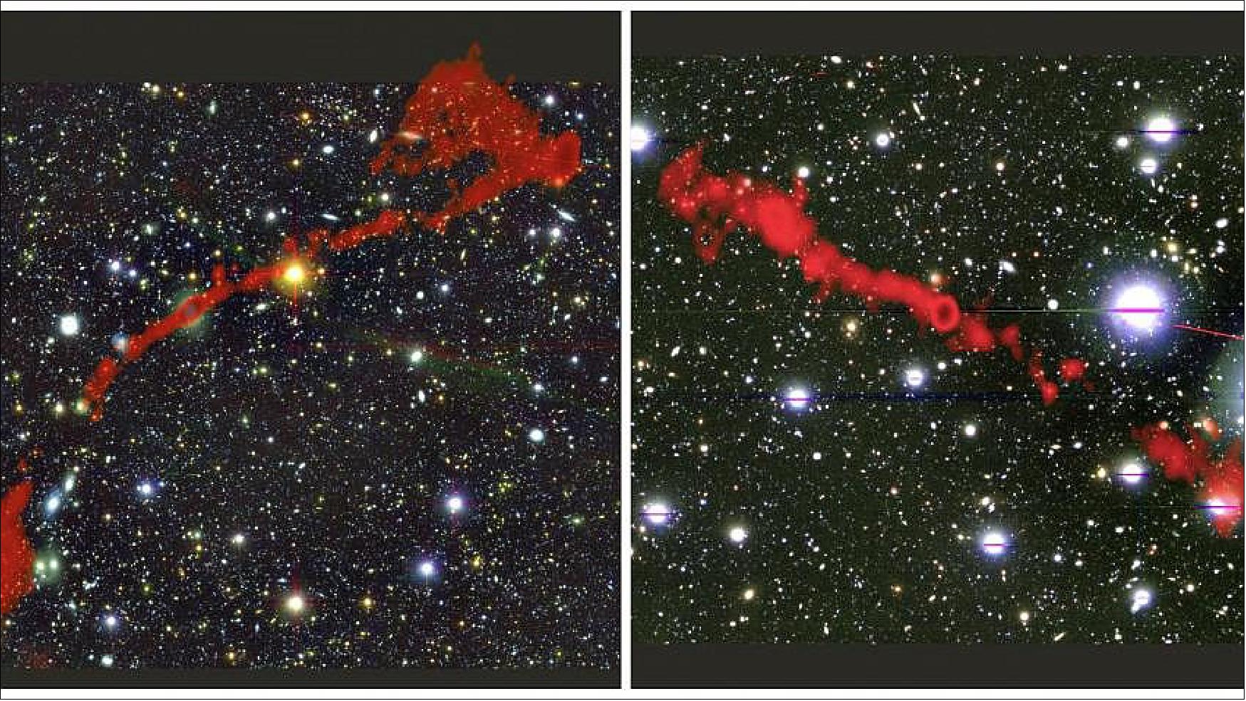 Figure 69: Two giant radio galaxies found with the MeerKAT telescope. In the background is the sky as seen in optical light. Overlaid in red is the radio light from the enormous radio galaxies, as seen by MeerKAT. Left: MGTC J095959.63+024608.6. Right: MGTC J100016.84+015133.0 [image credit: I. Heywood (Oxford/Rhodes/SARAO), attribution (CC BY 4.0)]
