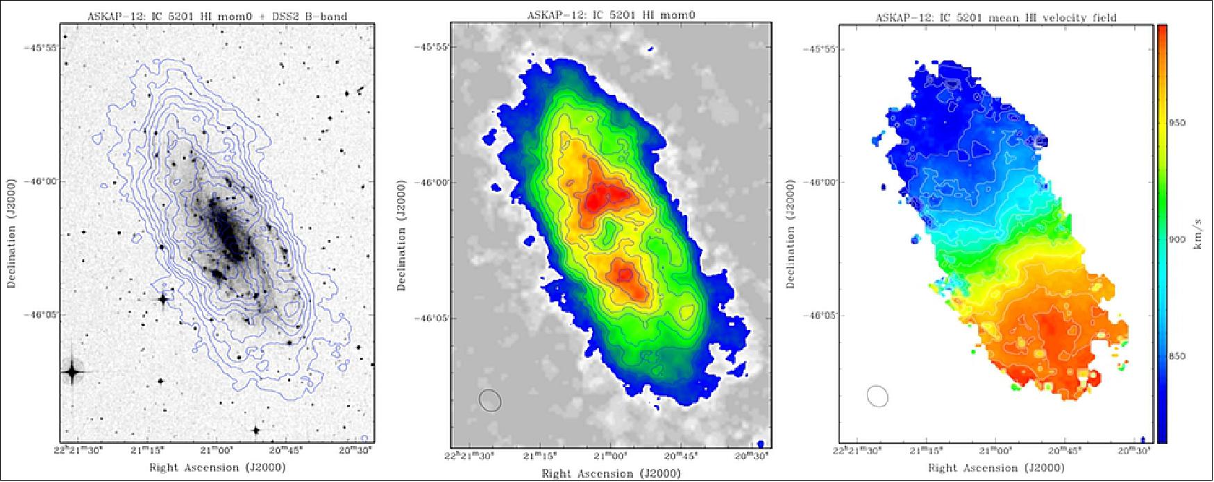 Figure 58: Neutral hydrogen gas in one of the galaxies, IC 5201 in the southern constellation of Grus (The Crane), imaged in early observations for the WALLABY project (image credit: CSIRO, Matthew Whiting, Karen Lee-Waddell and Bärbel Koribalski, all of WALLABY)