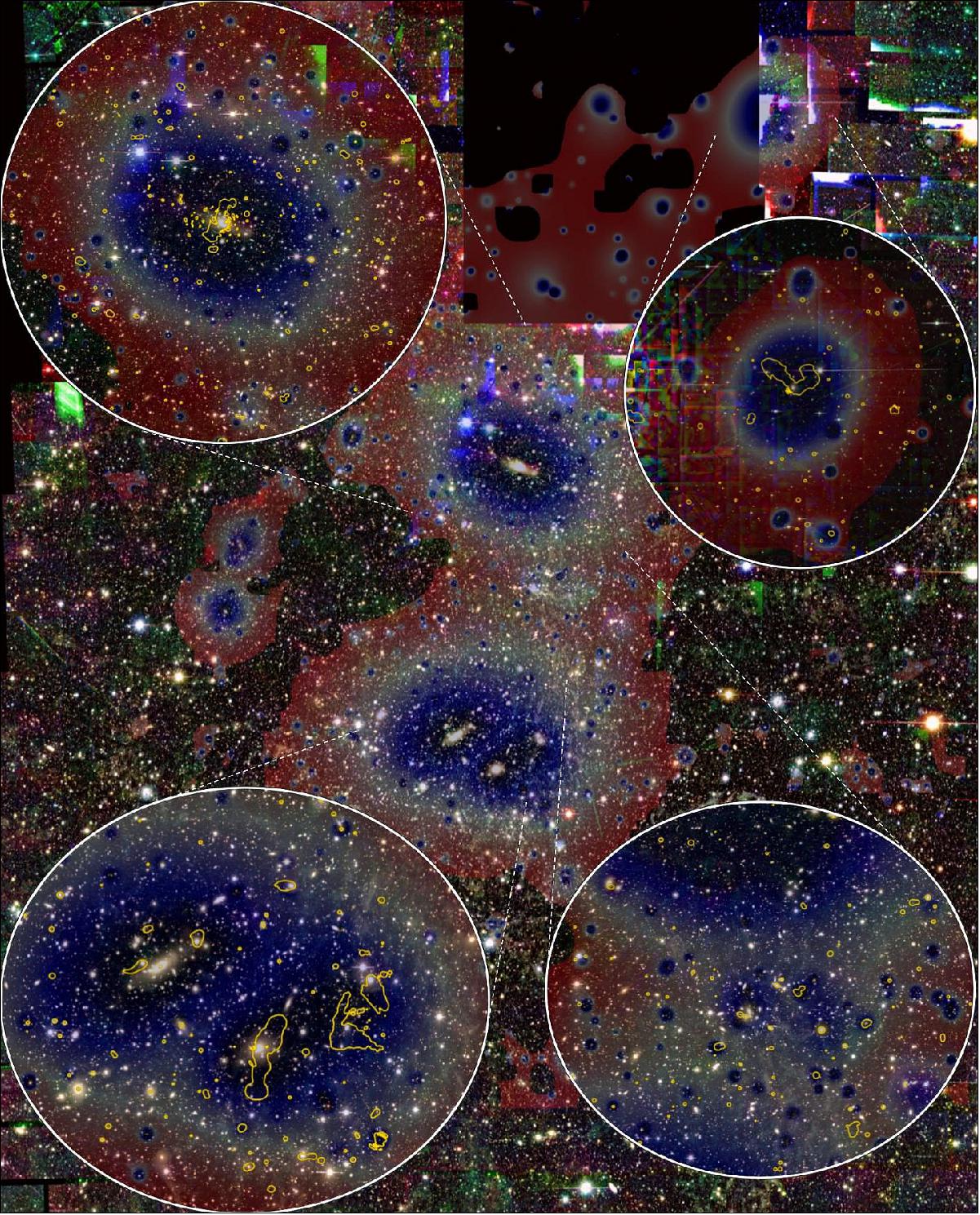 Figure 43: Optical image of the Abell 3391/95 system taken with the DECam camera. Superimposed are the eROSITA image (darker = higher gas density) and radio contours (yellow) of the ASKAP telescope (image credit: © Reiprich et al., Astronomy & Astrophysics)