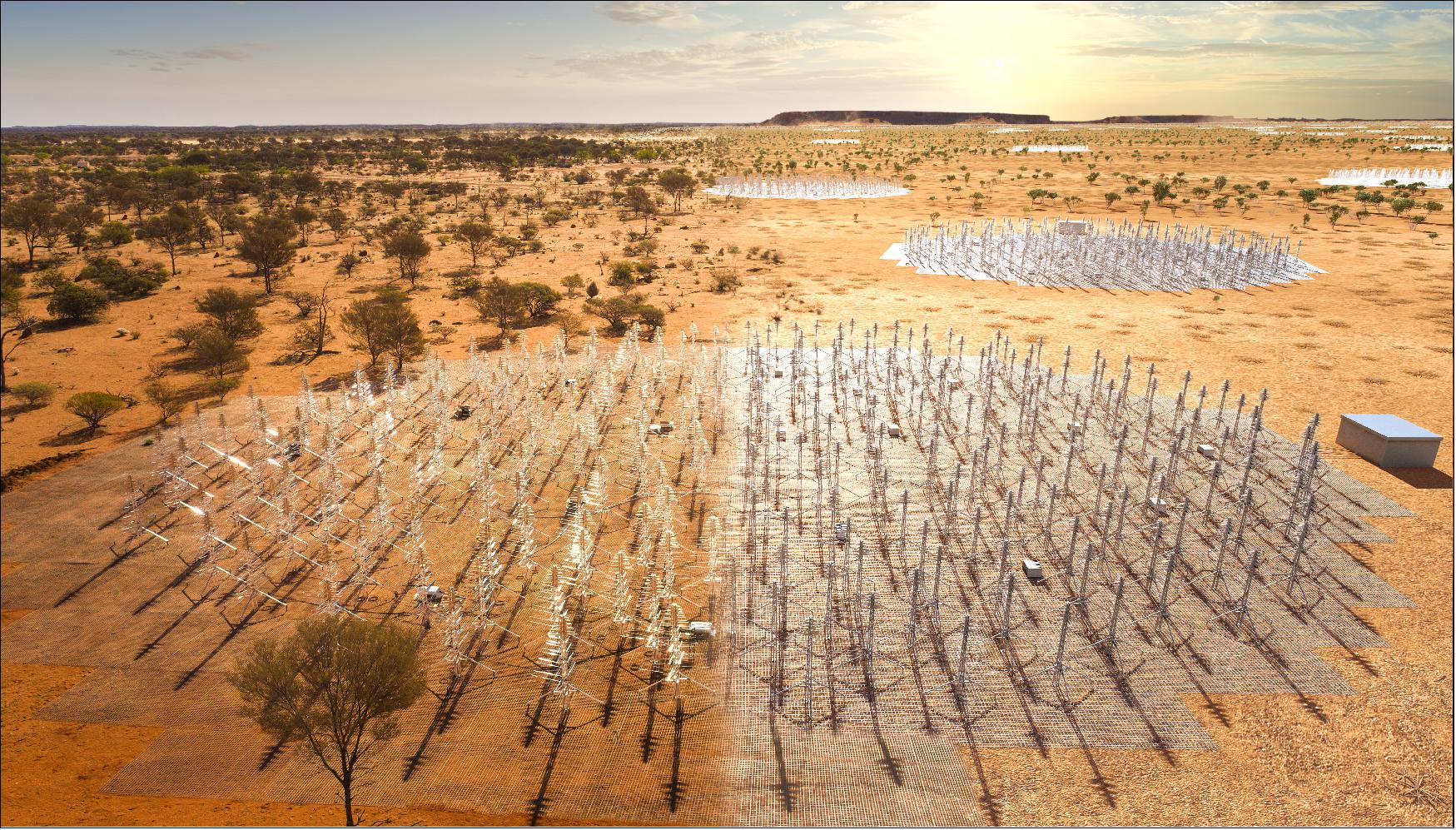 Figure 38: Composite image of the SKA-Low telescope in Western Australia. The image blends a real photo (on the left) of the SKA-Low prototype station AAVS2.0 which is already on-site, with an artist’s impression of the future SKA-Low stations as they will look when constructed. These dipole antennas, which will number in their hundreds of thousands, will survey the radio sky at frequencies as low as 50MHz (image credit: ICRAR, SKAO)