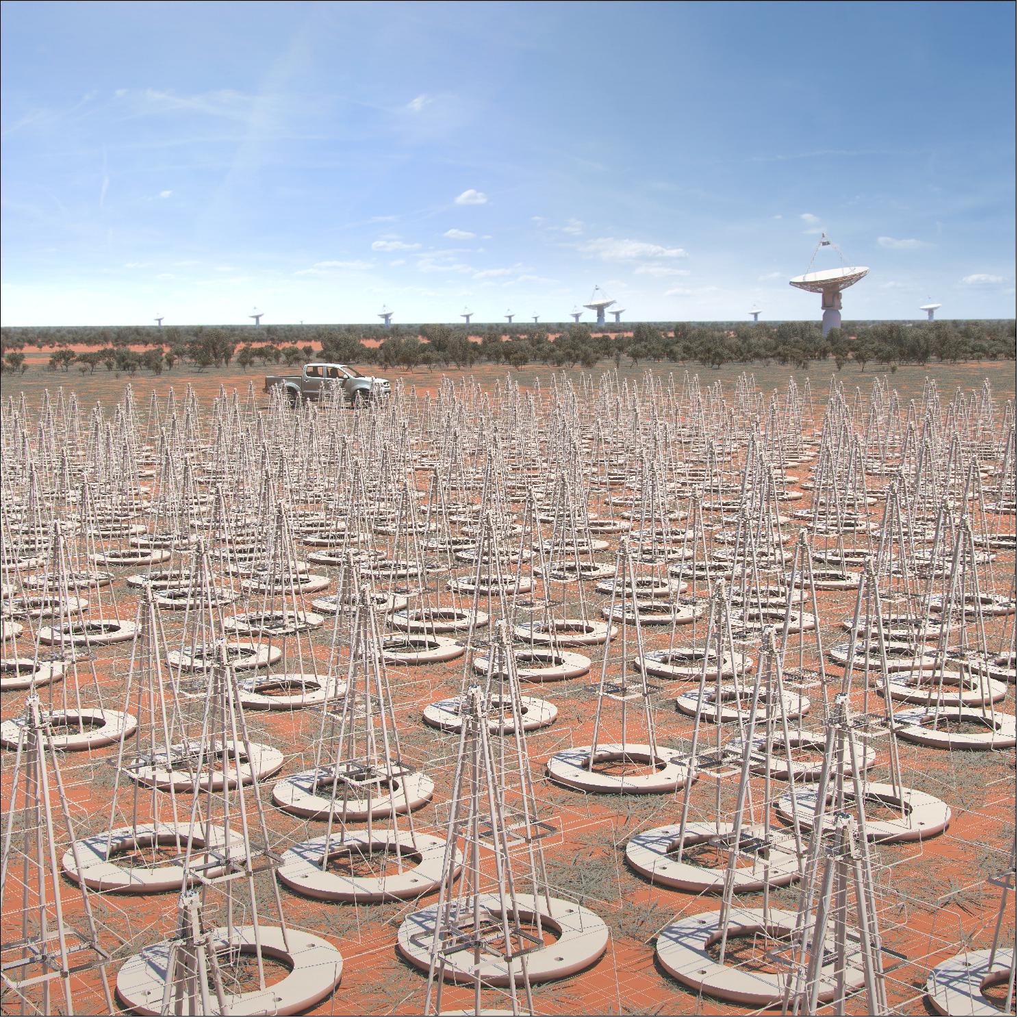 Figure 34: An artist impression of the low frequency antennas in Australia with the ASKAP telescope in the background (image credit: CSIRO)