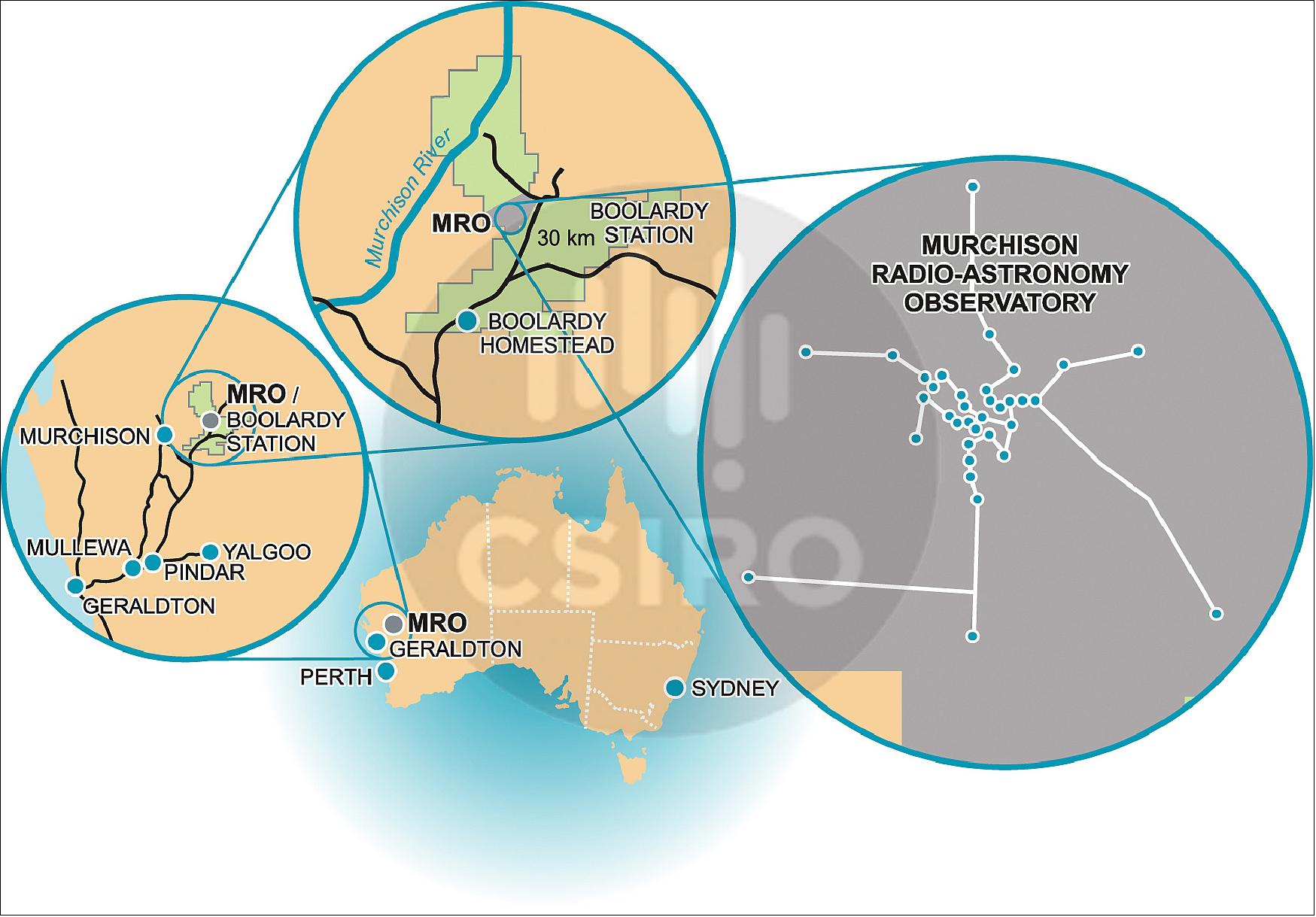 Figure 30: The core of the Australian SKA activity is located at CSIRO's Murchison Radio-astronomy Observatory (MRO), and surrounding Mid West Radio-Quiet Zone in Western Australia. The MRO is already home to the ASKAP telescope, as well as another of the SKA precursors, the Murchison Widefield Array (MWA), image credit: ATNF