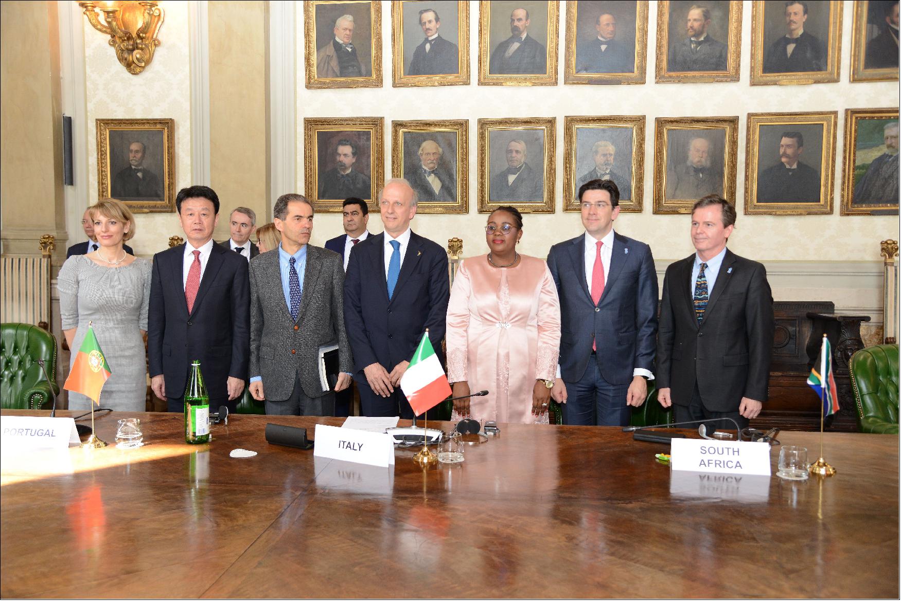 Figure 24: The initial signatories of the SKA Observatory Convention. From left to right: UK Ambassador to Italy Jill Morris, China’s Vice Minister of Science and Technology Jianguo Zhang, Portugal’s Minister for Science, Technology and Higher Education Manuel Heitor, Italian Minister of Education, Universities and Research Marco Bussetti, South Africa’s Minister of Science and Technology Mmamoloko Kubayi-Ngubane, the Netherlands Deputy Director of the Department for Science and Research Policy at the Ministry of Education, Culture and Science Oscar Delnooz, and Australia’s Ambassador to Italy Greg French (image credit: SKA Organization)