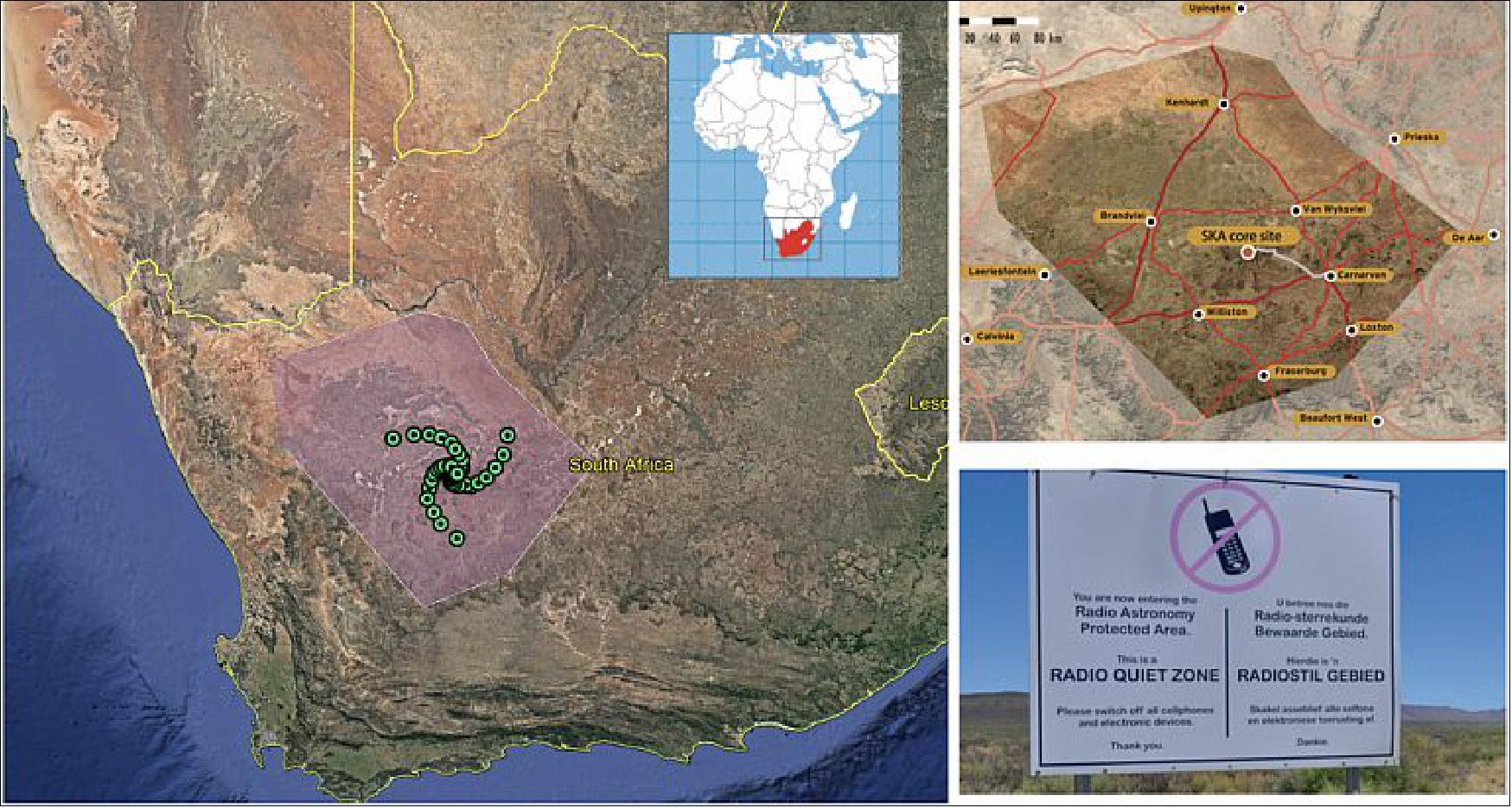 Figure 16: The Karoo Astronomy Advantage Area (KAAA) was established as part of the Astronomy Geographic Advantage Act 2007. Consisting of a polygonal area of ~500 km x 300 km at extents, this Radio Quiet Zone provides radio protection to the South African site of the SKA-Mid telescope (image credit: SKAO)