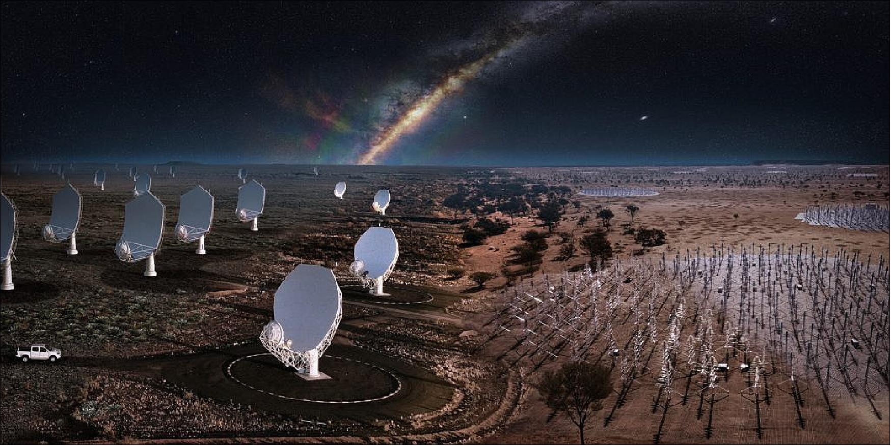 Figure 11: Nighttime composite image of the SKA combining all elements in South Africa and Australia. Credit: SKAO, ICRAR, SARAO / Acknowledgment: The GLEAM view of the center of the Milky Way, in radio color [image credit: Natasha Hurley-Walker (Curtin / ICRAR) and the GLEAM Team]