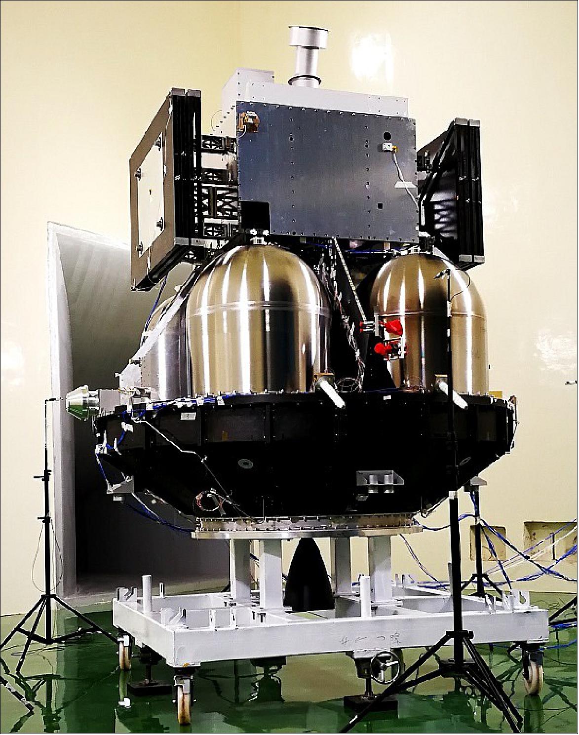 Figure 1: Structural model of the SMILE spacecraft at the Innovation Academy for Microsatellites (IAMC/CAS) in Shanghai, China. The spacecraft is being prepared for acoustic tests that will subject the spacecraft to sound waves of various frequencies, simulating the acoustic environment of a launch (image credit: IAMC/CAS) 4)