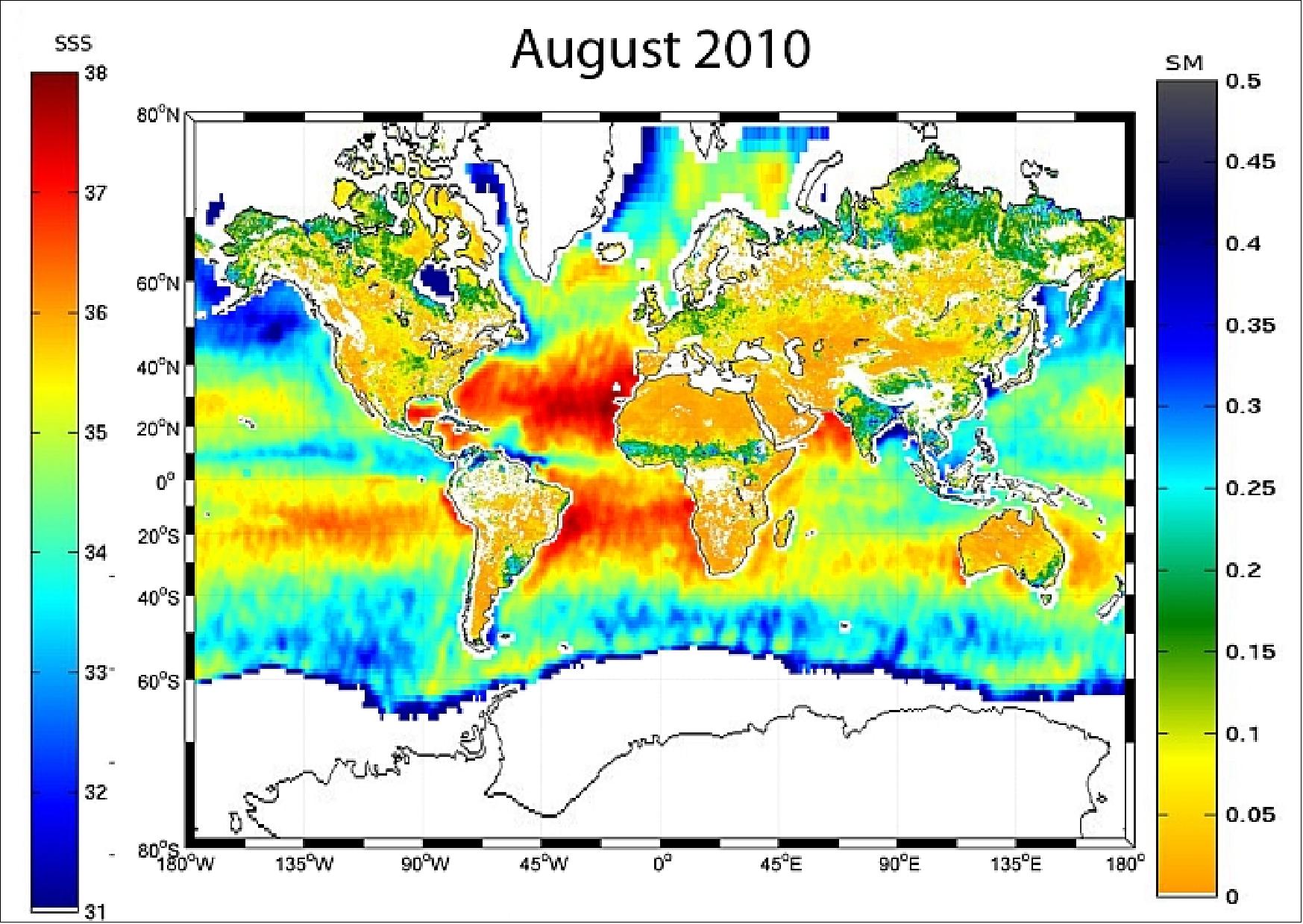 Figure 72: Global SSS (Sea Surface Salinity) and SM (Soil Moisture), image credit: ESA