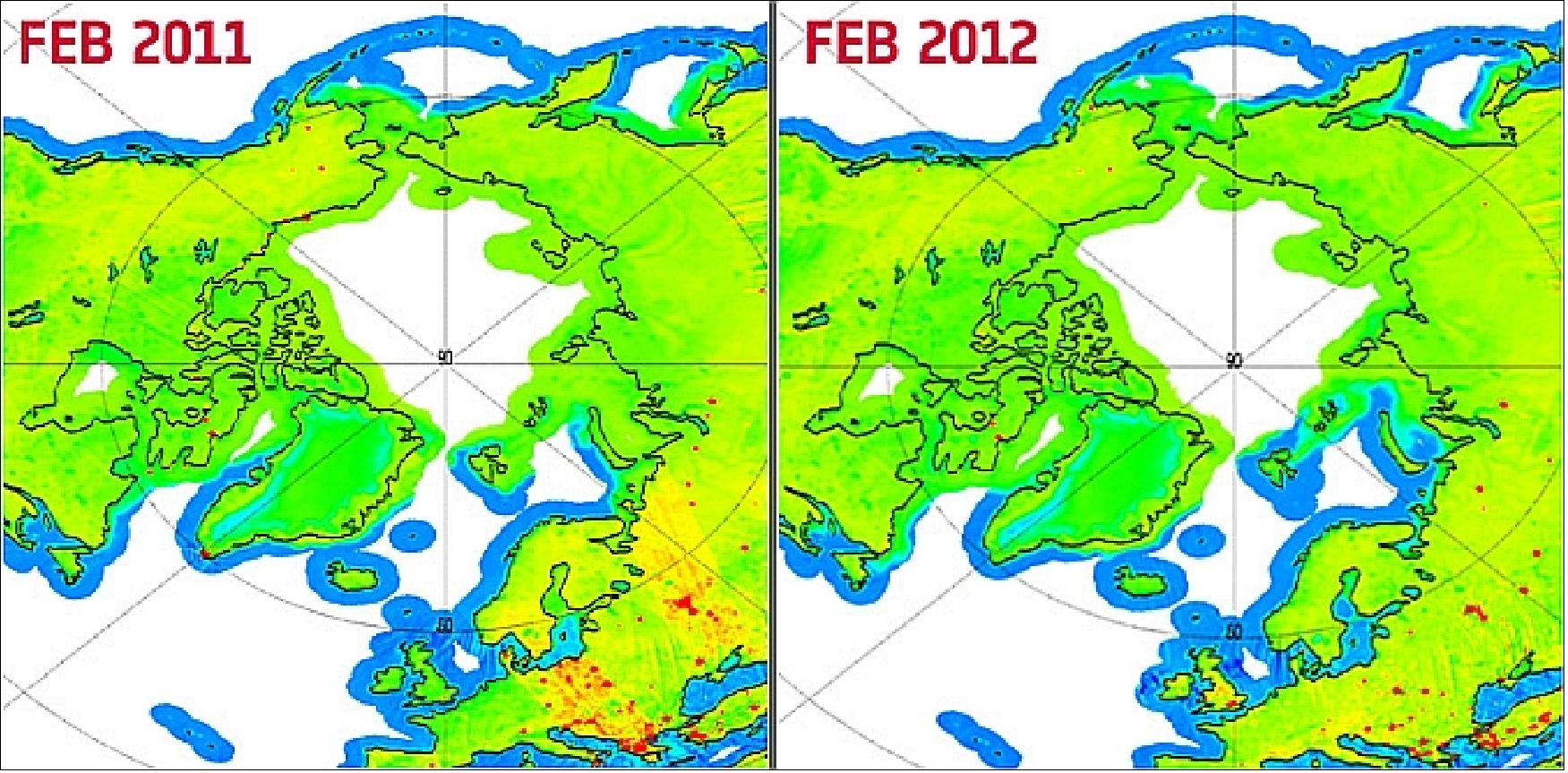 Figure 71: Illustration of RFI (Radio Frequency Interference) in the northern latitudes in 2011 and 2012 (image credit: ESA, Ref. 91)
