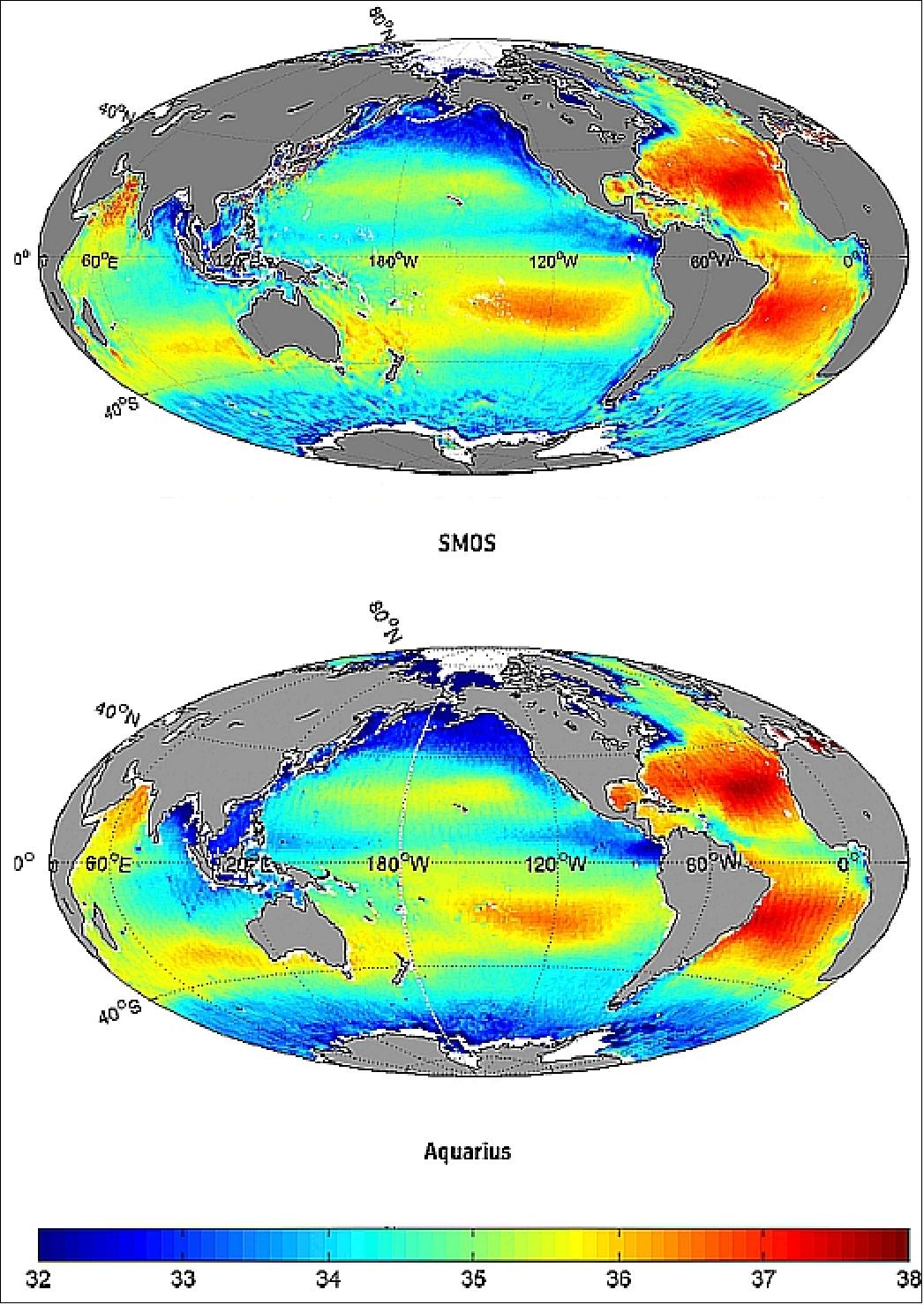 Figure 69: Global salinity maps from SMOS (top) and Aquarius (bottom), image credit: IFREMER, ESR, ESA, NASA