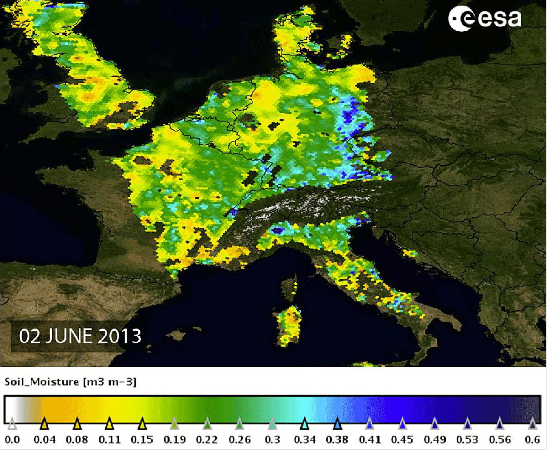 Figure 67: SMOS soil surface layer moisture map of June 2, 2013 (image credit: ESA)