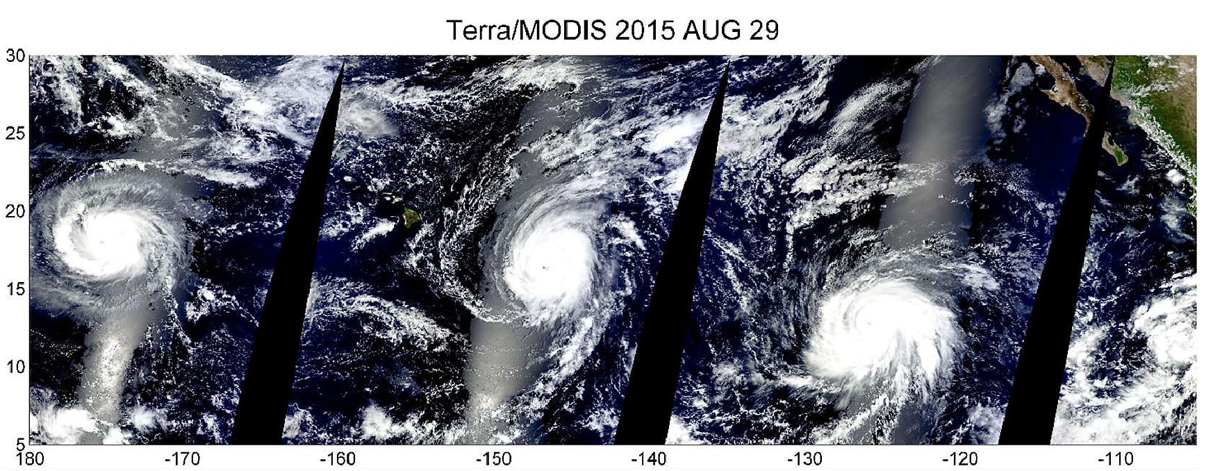 Figure 61: True-color composite hurricane triplets from the MODIS instrument on NASA’s Terra satellite of hurricanes Kilo (left), Ignacio (center) and Jimena (right) on 29 August 2015 (image credit: NASA)