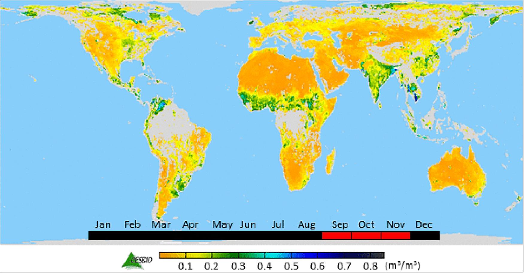 Figure 60: Seasonal soil moisture from SMOS (image credit: CESBIO) 68)