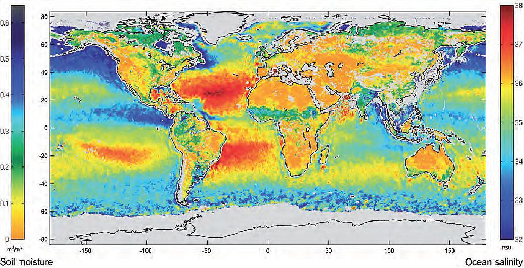Figure 59: Global map of SMOS-derived soil moisture and sea surface salinity data for August 2015, Level-3 processor version 6 (image credit: CESBIO/CATDS/ESA)