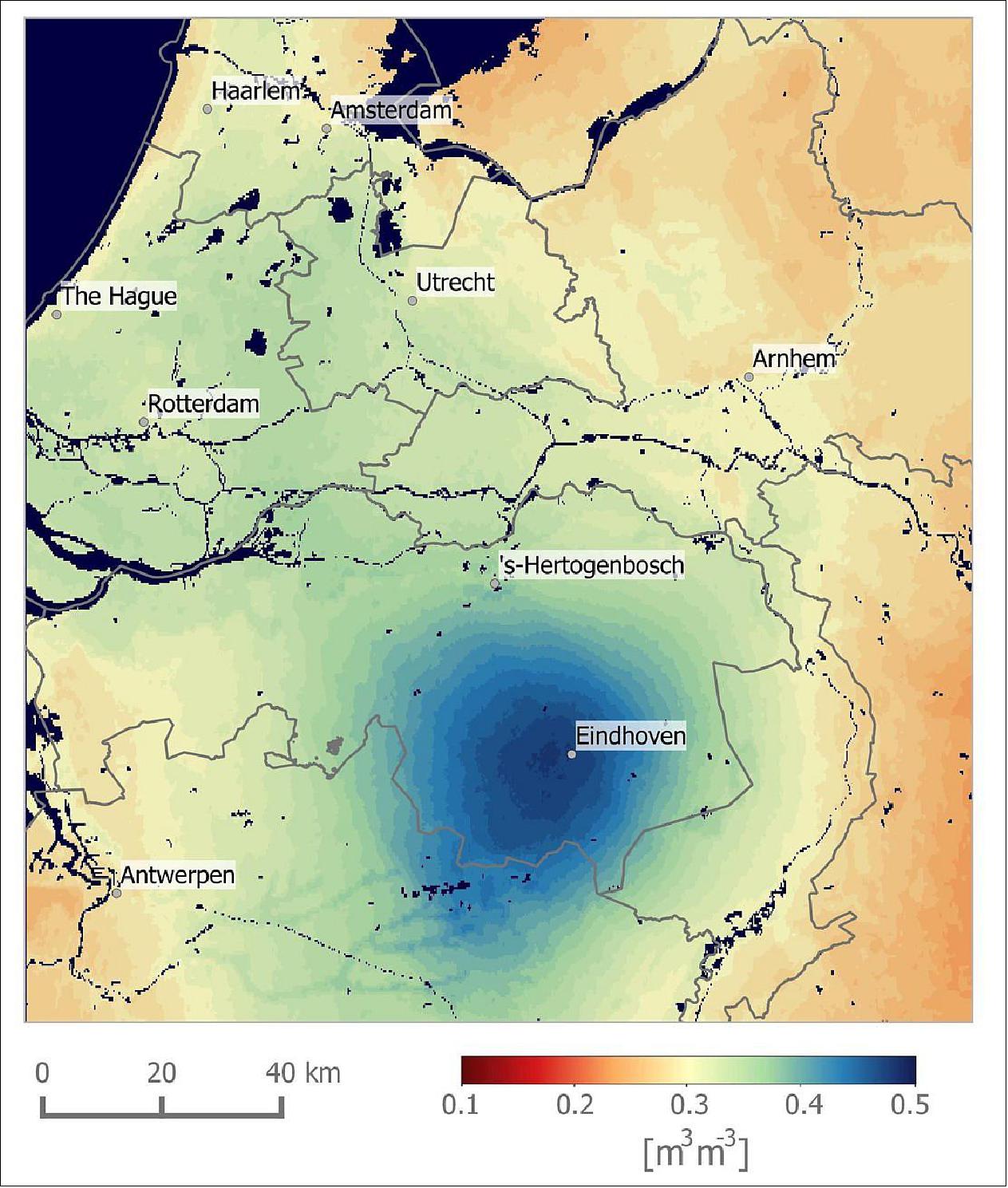 Figure 57: This map, showing wet soils in the south of the Netherlands, is thanks to processing data from different satellites. Since a single satellite cannot provide high-accuracy datasets, high spatial resolution and fast global coverage, combining data different sources allows for data products that are suitable for many practical applications such as flood forecasting. In this case data from SMAP and Sentinel-1 were used (image credit: VanderSat) 63)