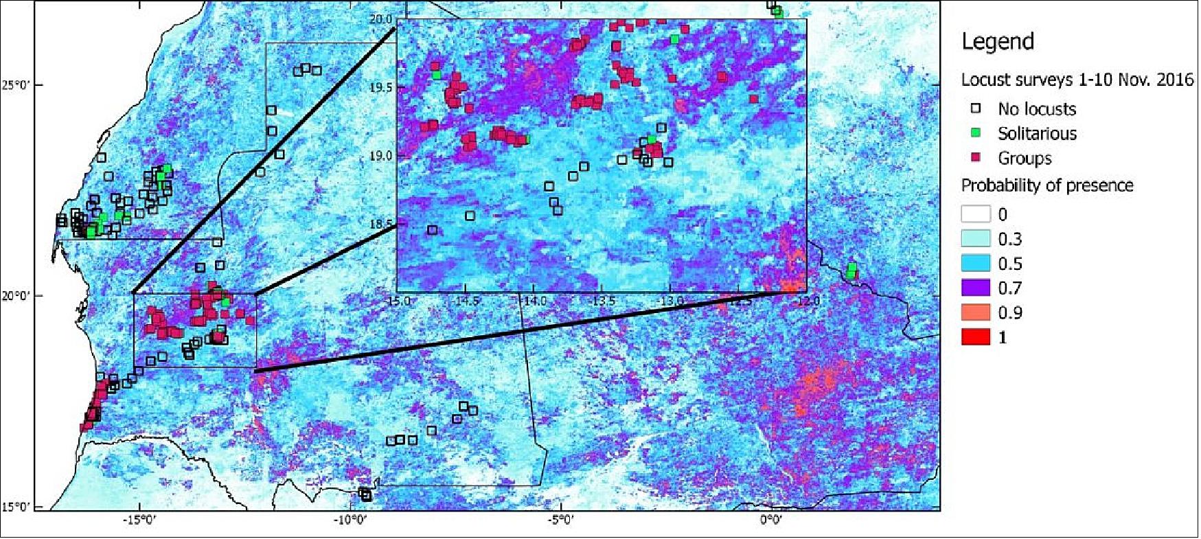 Figure 49: Soil moisture data from the SMOS satellite and NASA's MODIS instrument acquired between July and October 2016 were used by isardSAT and CIRAD to create this map showing areas with favorable locust swarming conditions (in red) during the November 2016 outbreak (image credit: CIRAD, SMELLS consortium)