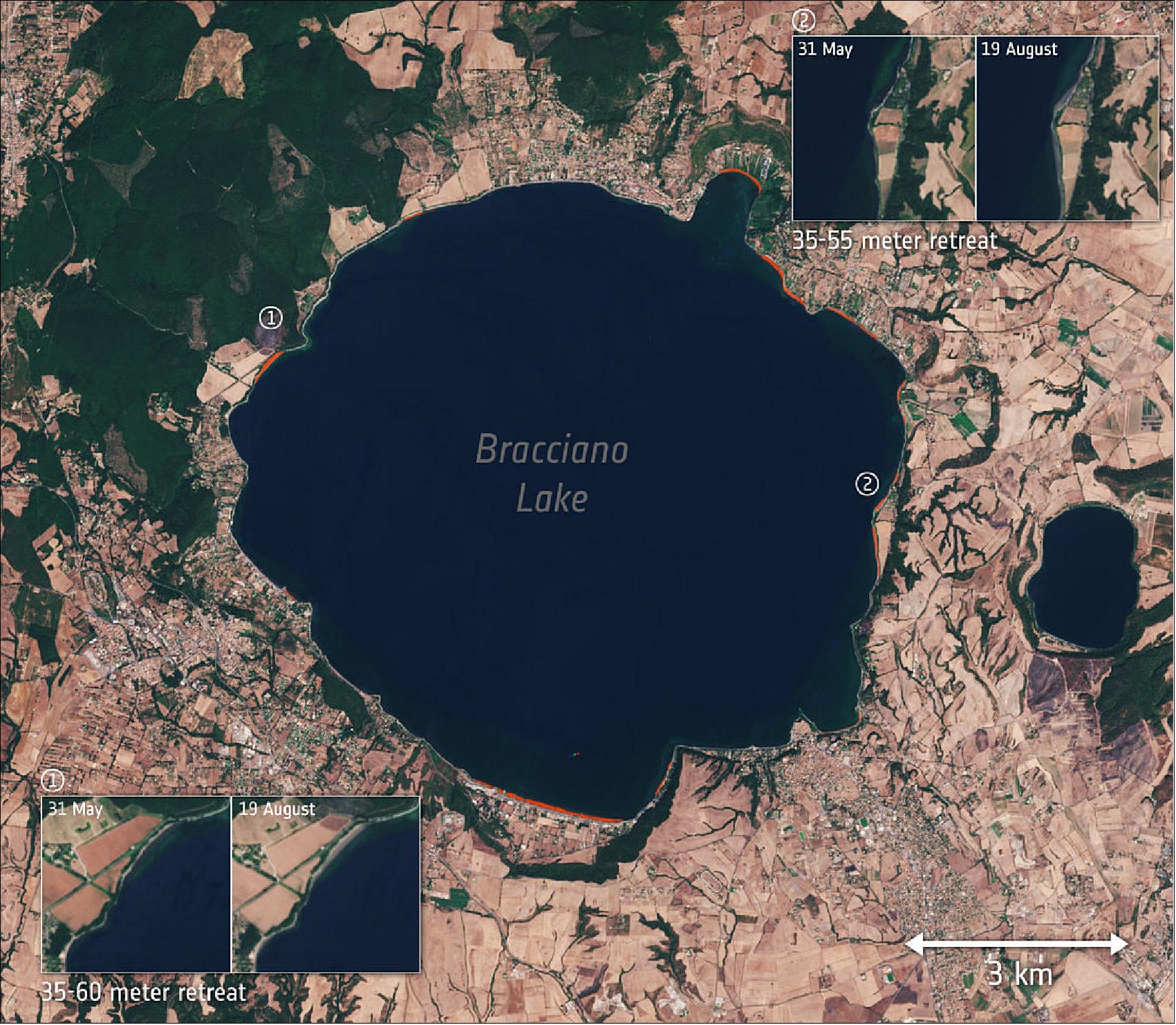 Figure 47: Parts of Italy’s Lake Bracciano shoreline receded up to 60 m during the summer of 2017, as seen by the Copernicus Sentinel-2 satellite mission (image credit: ESA, the image contains modified Copernicus Sentinel data (2017), processed by ESA, CC BY-SA 3.0 IGO)