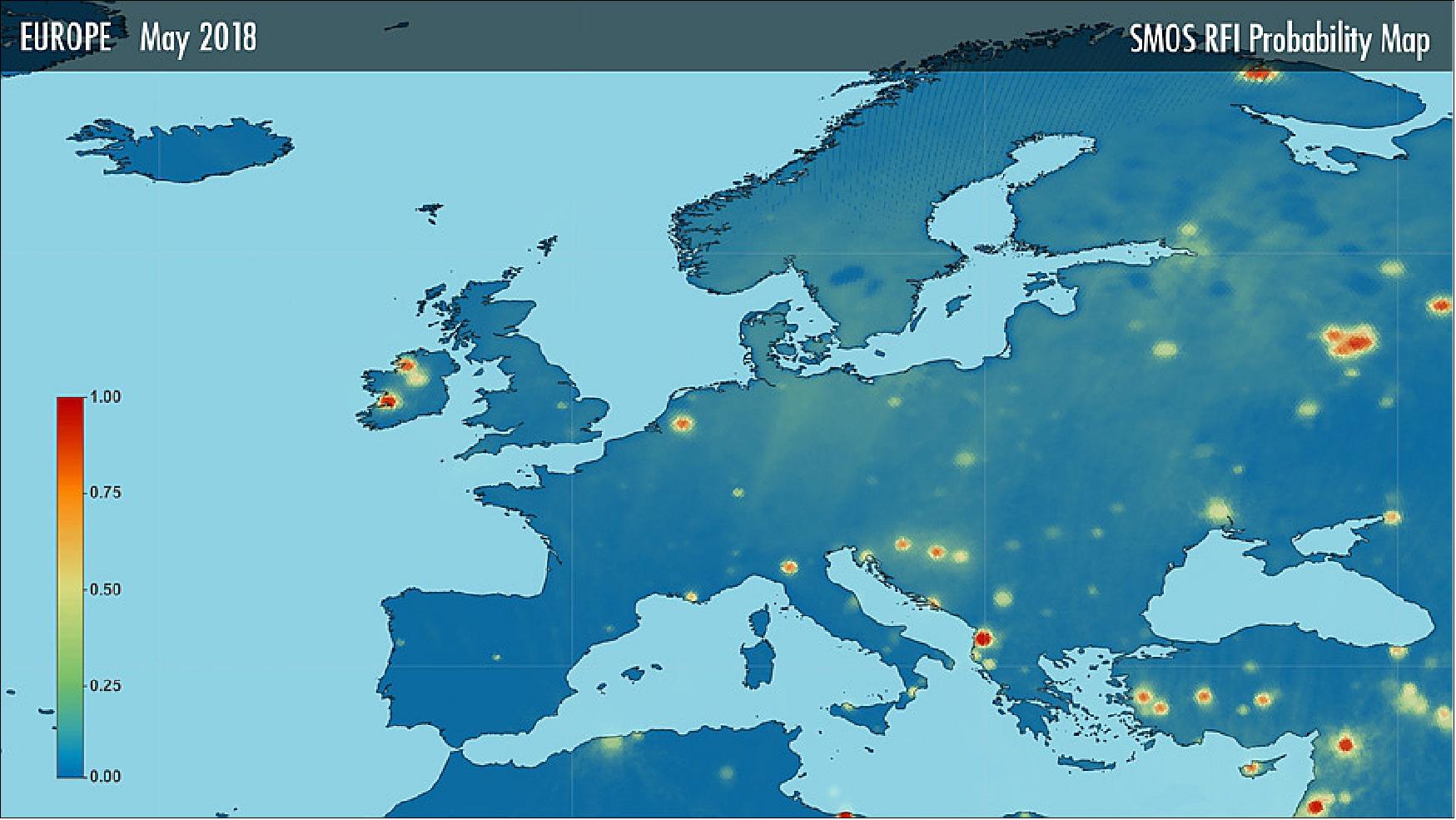 Figure 43: Map of Europe showing the probability of SMOS persistent RFI occurrences during the period 17-31 May 2018 (image credit: SMOS RFI team at ESA/ESAC)
