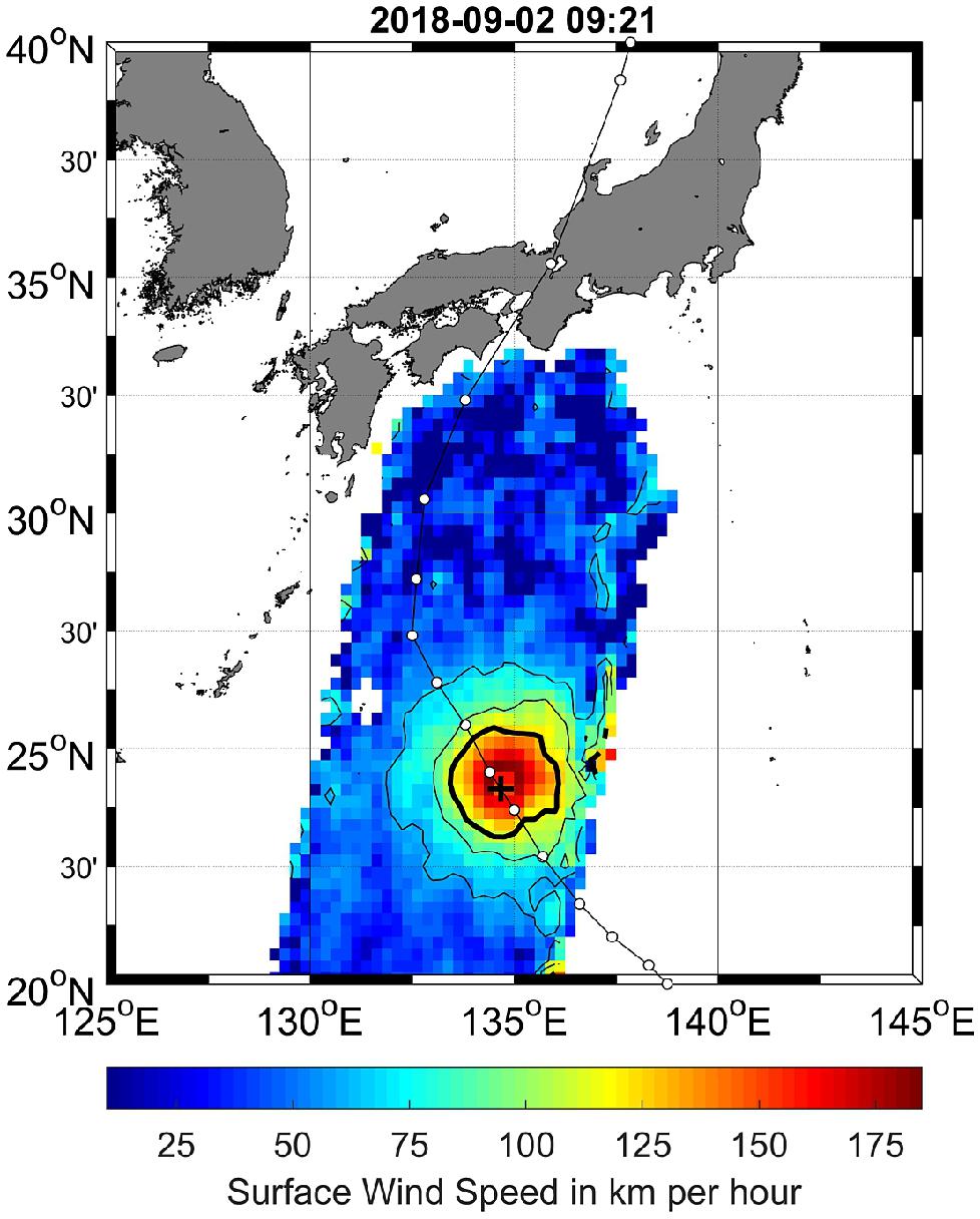 Figure 40: Wind speeds at the base of Typhoon Jebi near Japan measured by ESA’s SMOS mission on 2 September 2018. The SMOS microwave radiometer MIRAS, which operates in the L-band, has the unique ability to see through clouds and rain to provide reliable estimates of surface wind speeds in intense storms (image credit: Ifremer)