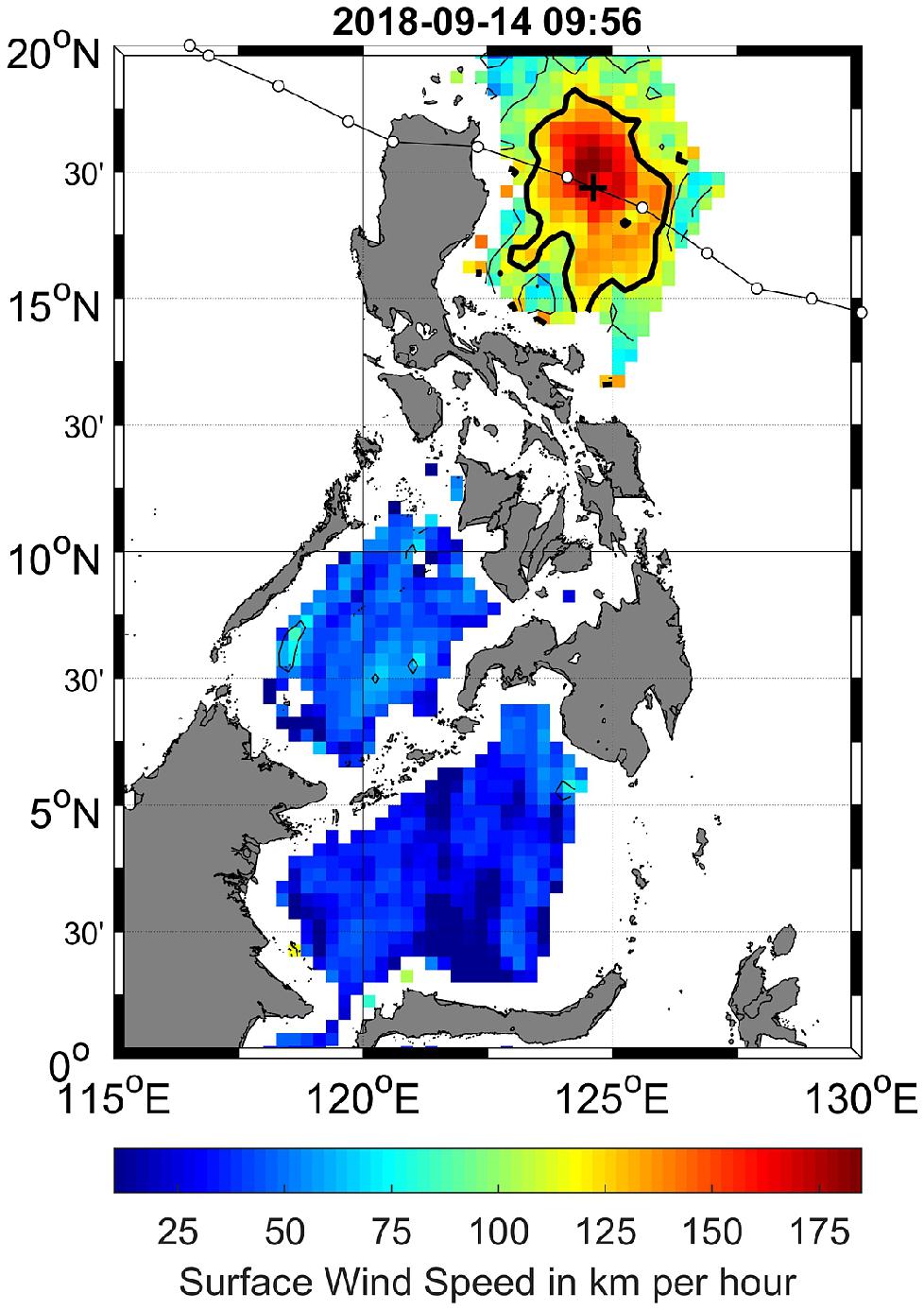 Figure 39: Wind speeds at the base of Typhoon Mangkhut near the Philippines measured by ESA’s SMOS mission on 14 September 2018. The SMOS microwave radiometer MIRAS, which operates in the L-band, has the unique ability to see through clouds and rain to provide reliable estimates of surface wind speeds in intense storms (image credit: Ifremer)