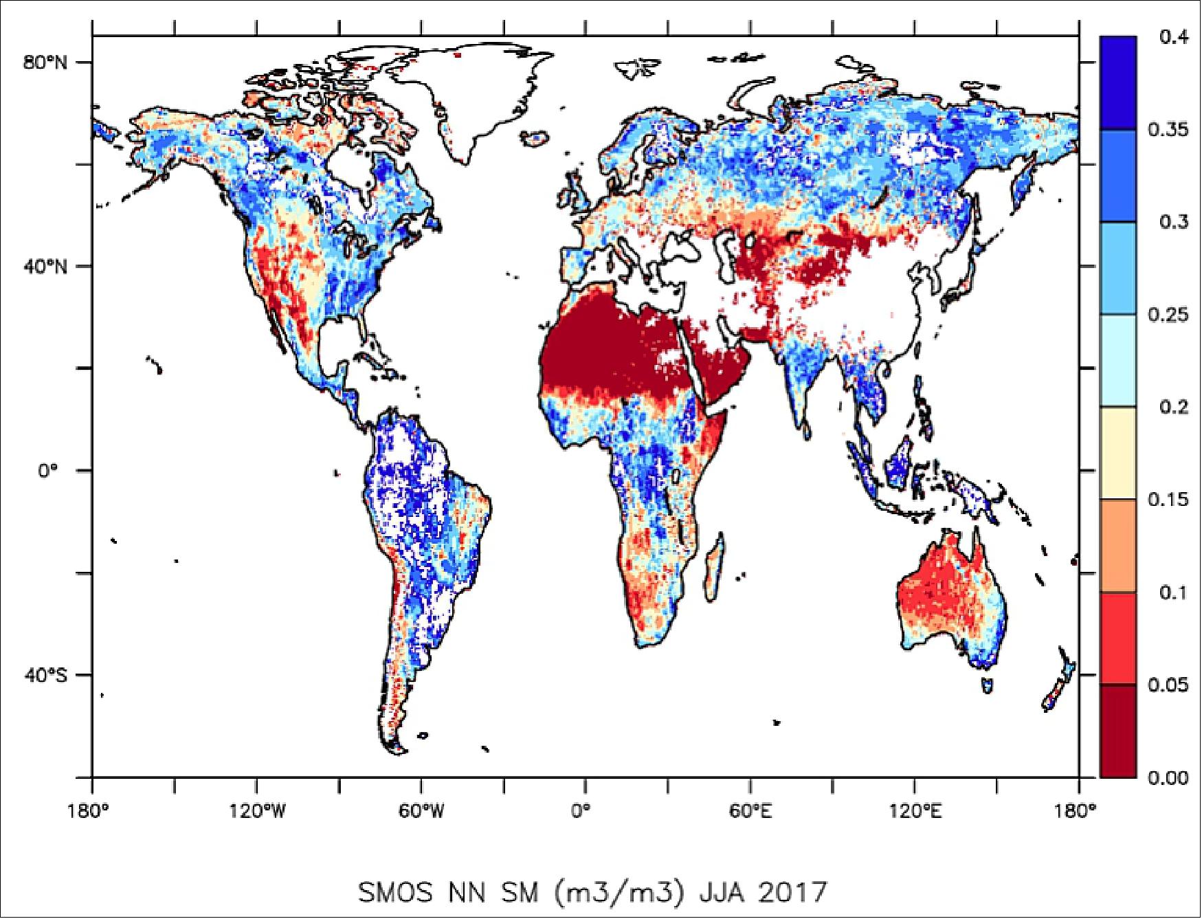 Figure 33: Global soil moisture distribution. Mean soil moisture distribution for June, July and August 2017. The mean was computed from swath-based soil-moisture generated by the ‘neural network’ in Near-Real-Time at ECMWF (image credit: ECMWF)