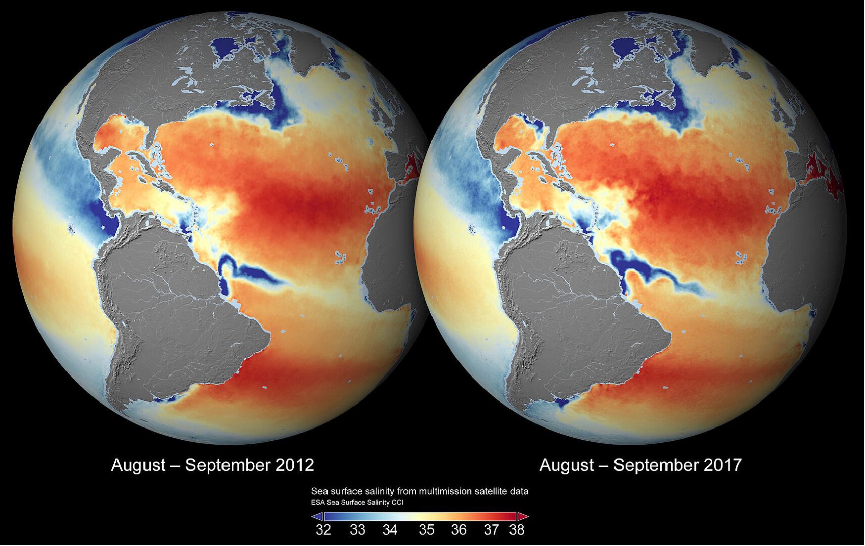 Figure 15: Global sea-surface salinity maps from ESA’s Climate Change Initiative showing the difference for the same period in 2012 and in 2017. Note the differences in the spreading of the Amazon and Mississippi River plumes (image credit: ESA Sea Surface Salinity CCI)