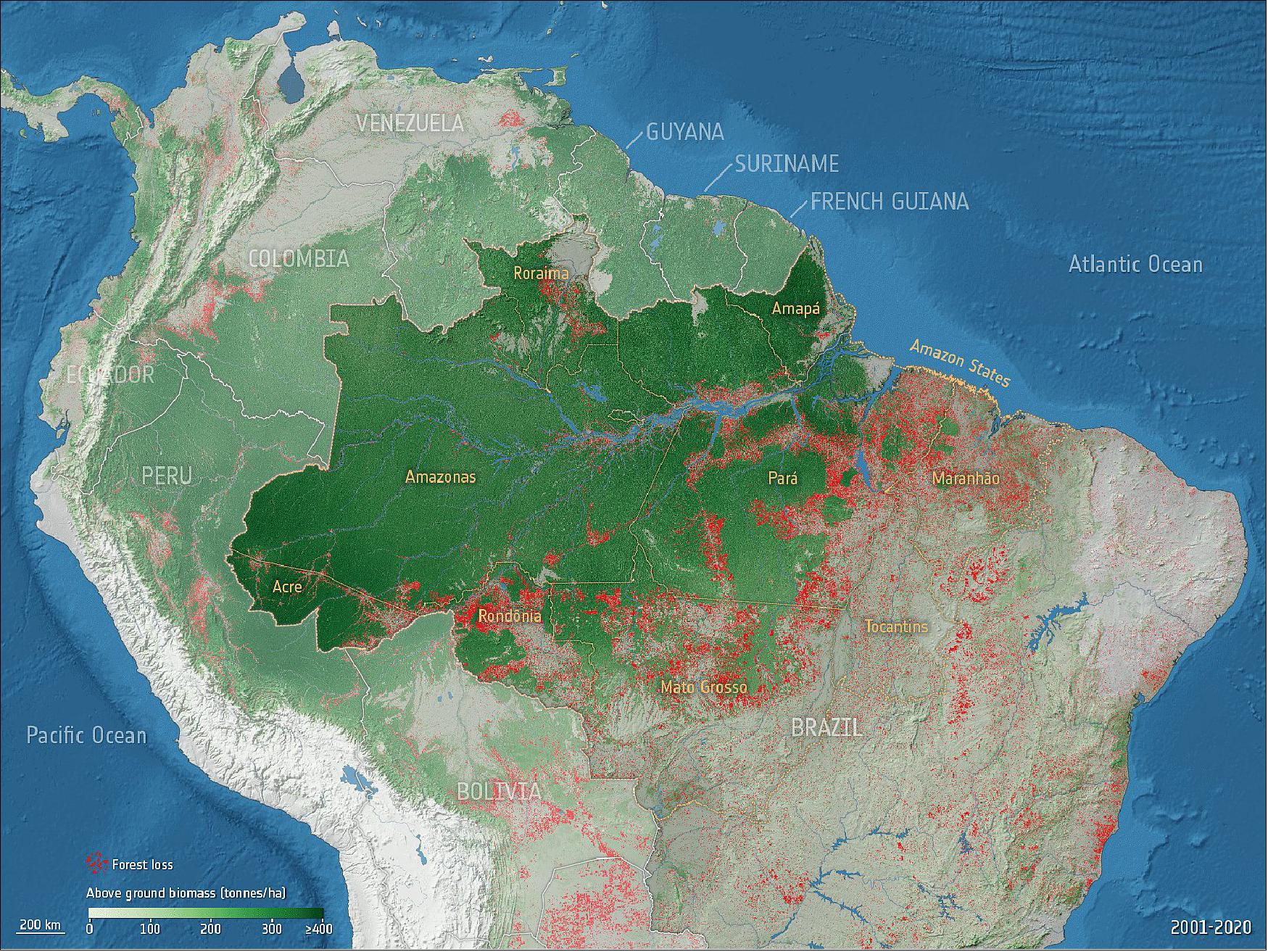 Figure 9: This map shows cumulative forest loss from 2001 to 2020 in the Amazon basin. Forest loss in this dataset is defined as a ‘stand-replacement disturbance’, or a change from a forest to non-forest state for every pixel of the dataset. The forest loss data, from the University of Maryland, has been overlaid onto the 2018 above ground biomass dataset, generated by ESA’s Climate Change Initiative (image credit: ESA [data sources: CCI Biomass project and Hansen/UMD/Google/USGS/NASA)]