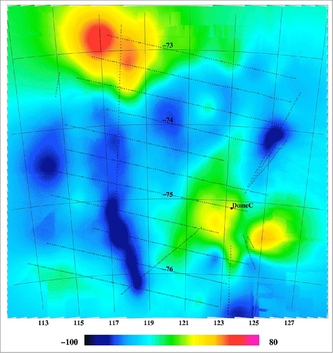 Figure 92: Different data reveal similar patterns under the ice: Gravity anomalies at Dome-C compared to brightness temperature at Dome-C (image credit: S. Kristensen and F. Forsberg, DTU)