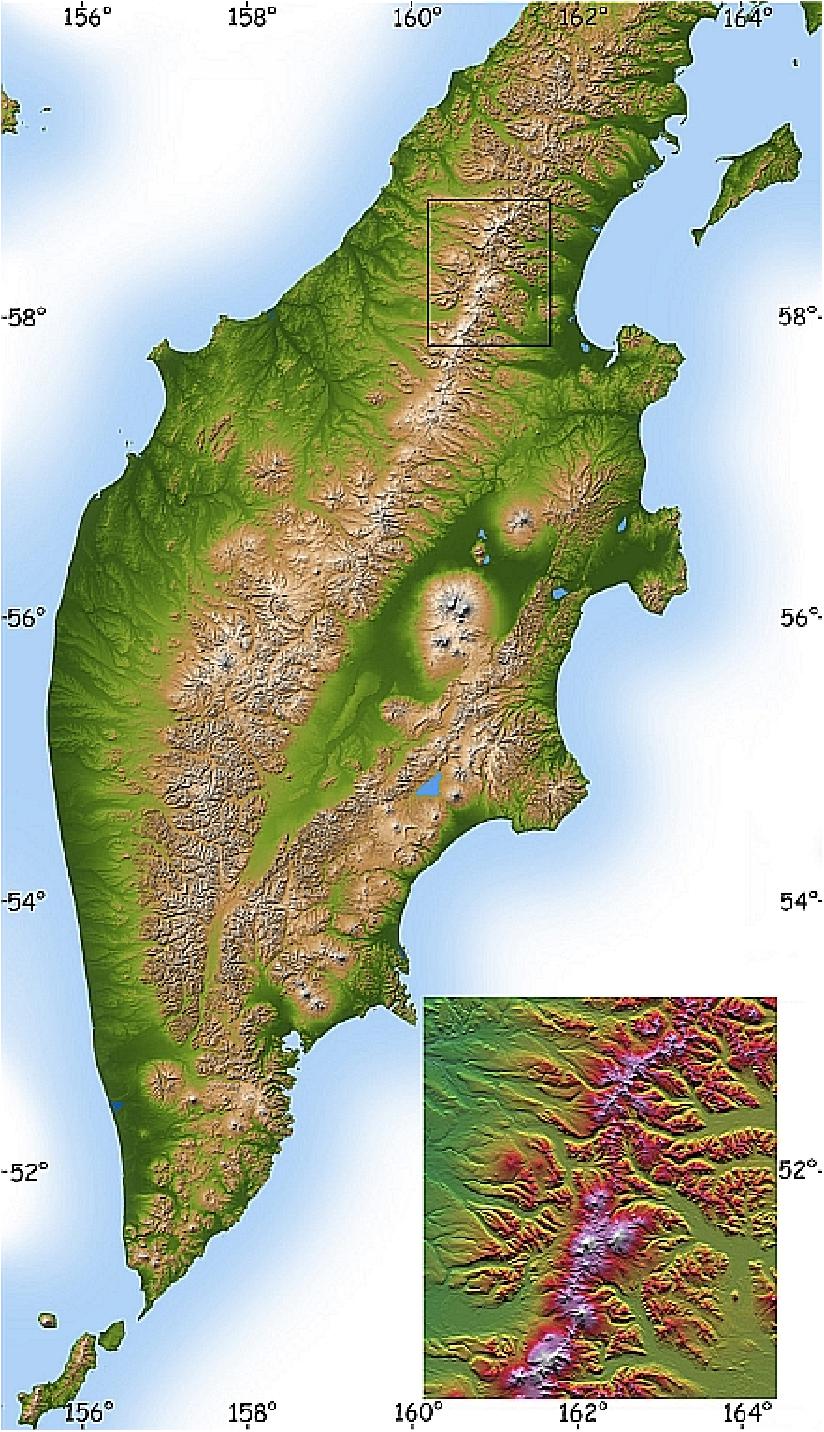 Figure 16: SRTM shaded-relief topographic rendering of the Kamchatka Peninsula (image credit: NASA/JPL)