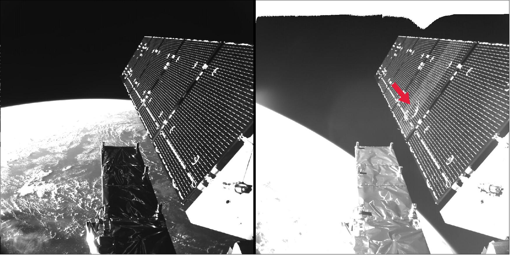 Figure 2: The picture shows Sentinel-1A’s solar array before and after the impact of a millimeter-size particle on the second panel. The damaged area has a diameter of about 40 cm, which is consistent on this structure with the impact of a fragment of less than 5 mm in size. The impact incident was discovered in 2016 (image credit: ESA)