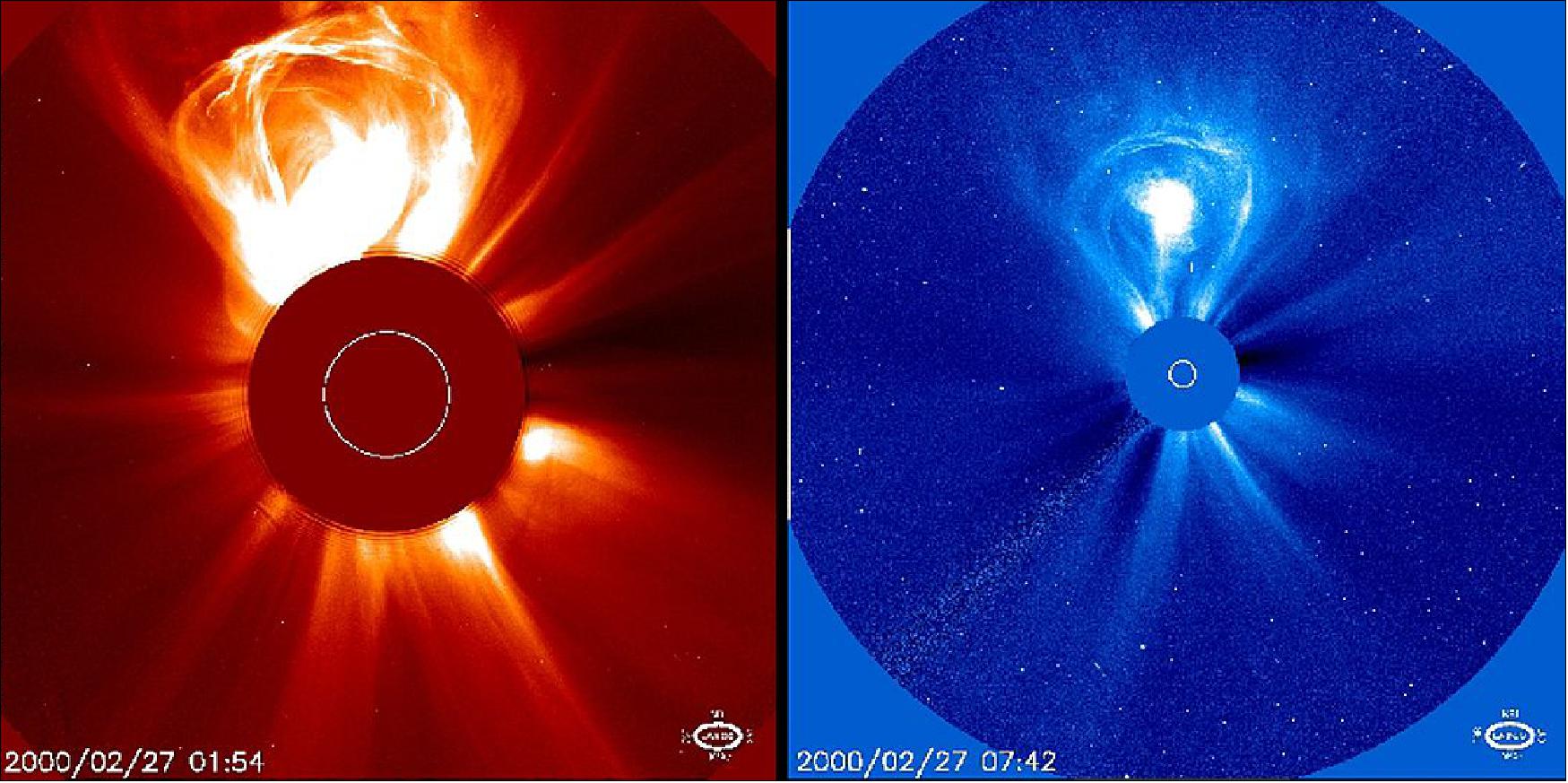 Figure 3: A coronal mass ejection event on Feb 27, 2000, captured by the LASCO instruments C2 and C3 on ESA's SOHO mission (image credit: ESA SOHO & NASA)