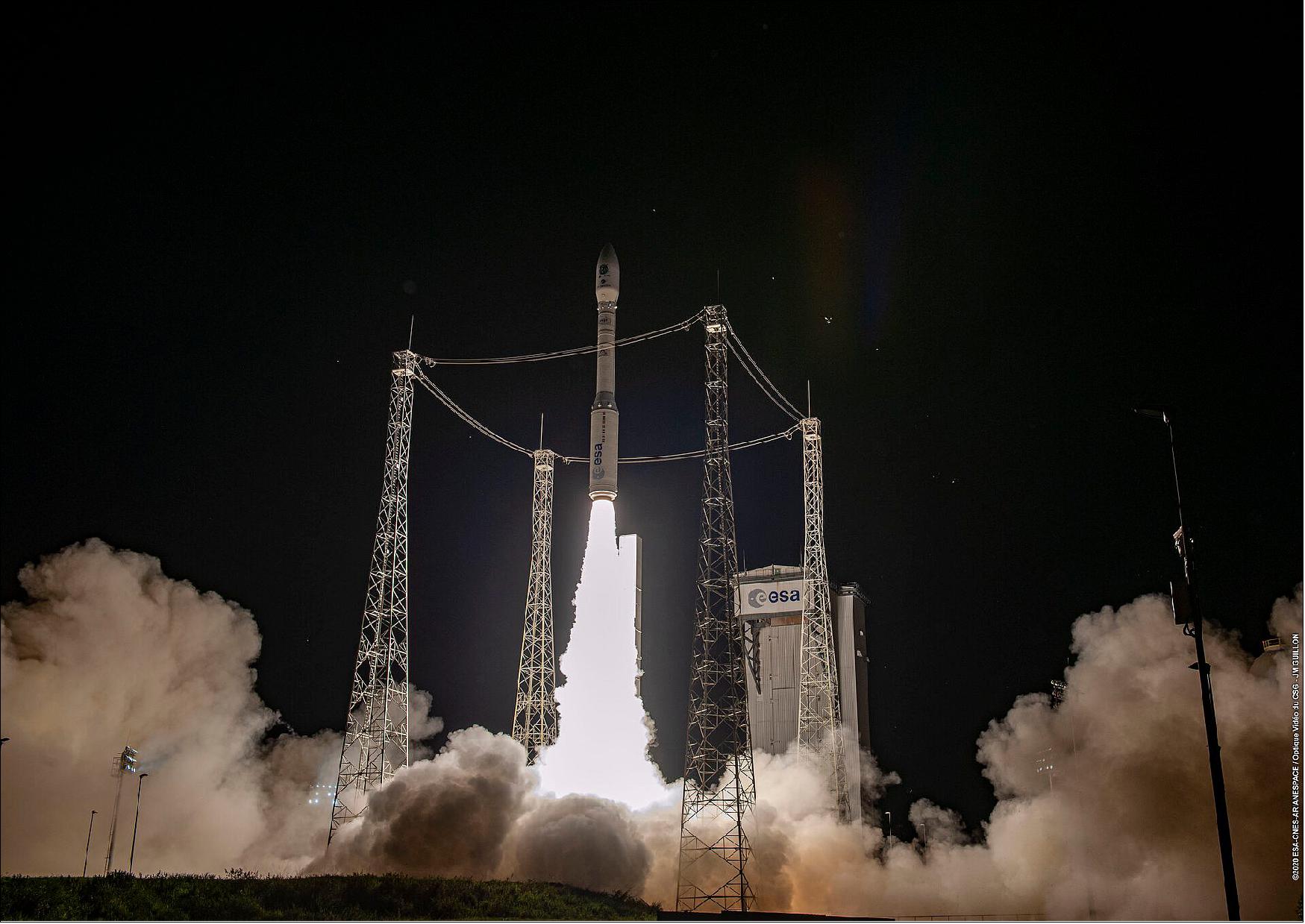 Figure 12: On 3 September (1:51 UTC) 2020, Vega flight VV16 lifted off from Europe's Spaceport in French Guiana to progressively deliver 53 light satellites into Sun-synchronous orbits at 515 km and 530 km altitude on a mission lasting 124 minutes (image credit: ESA/CNES/Arianespace/Optique Vidéo du CSG - JM Guillon)